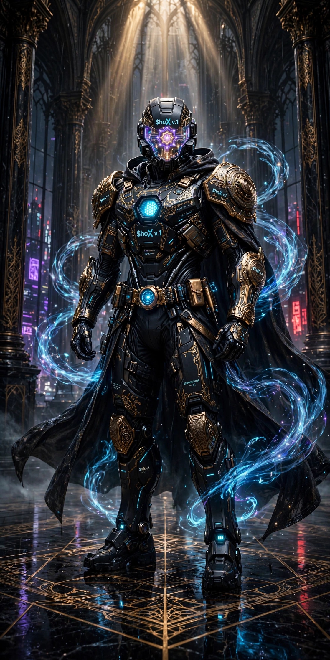 A blue-energy embodiment of $hoX v.1 in a dark cathedral