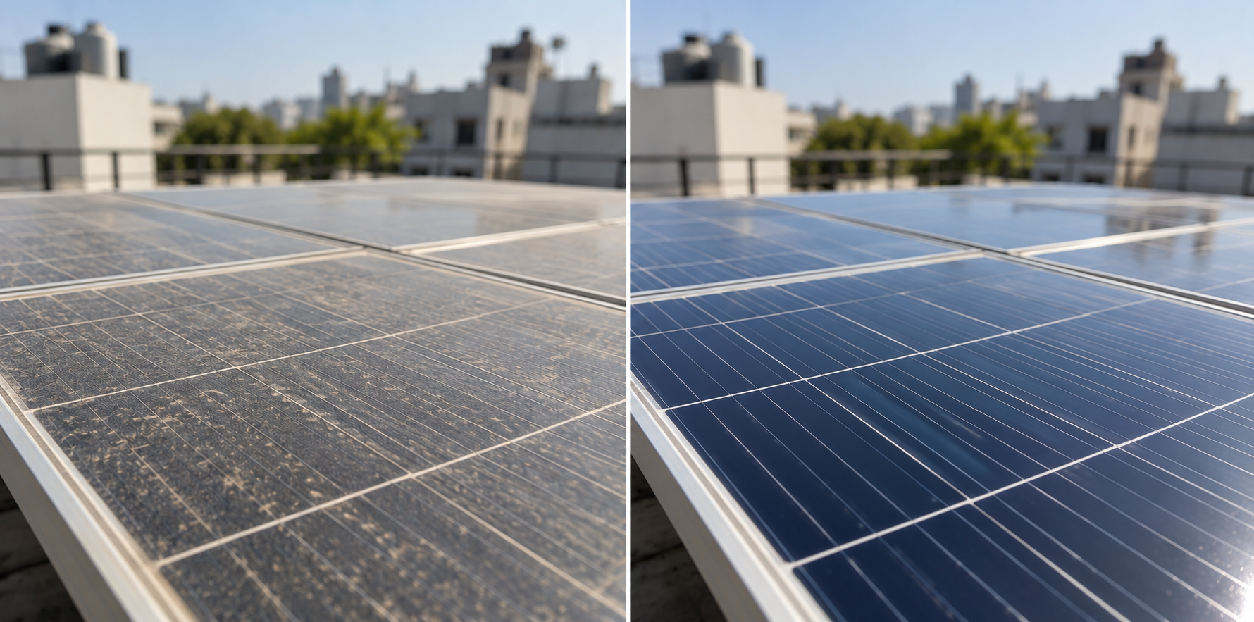 Close-up before and after comparison of a solar panel: dusty and hazy on the left, clean and deep blue on the right, same rooftop and skyline