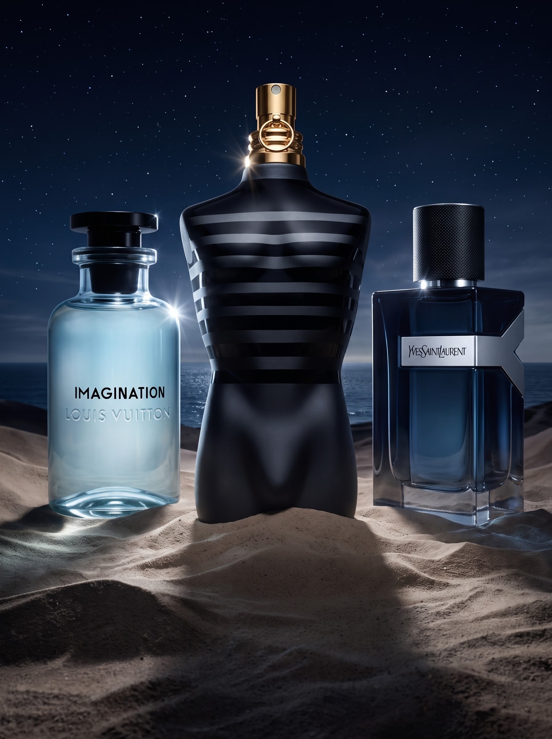 Tres perfumes de lujo junto al mar durante la noche