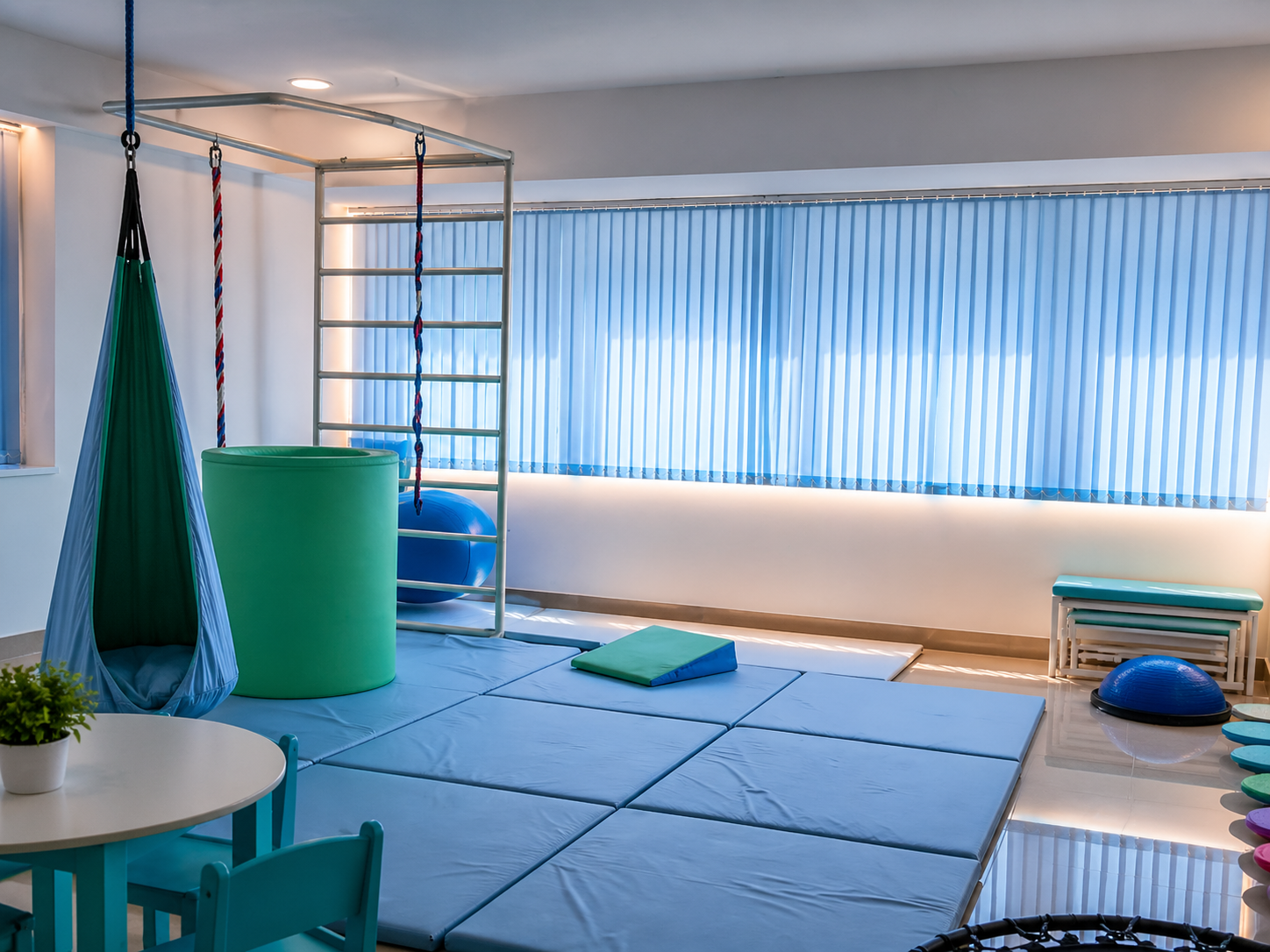 Sala de terapia com tatames, balanço e equipamentos de integração sensorial