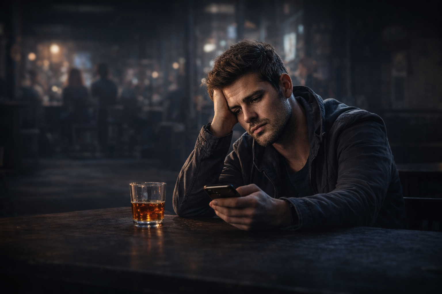 Homem pensativo em um bar