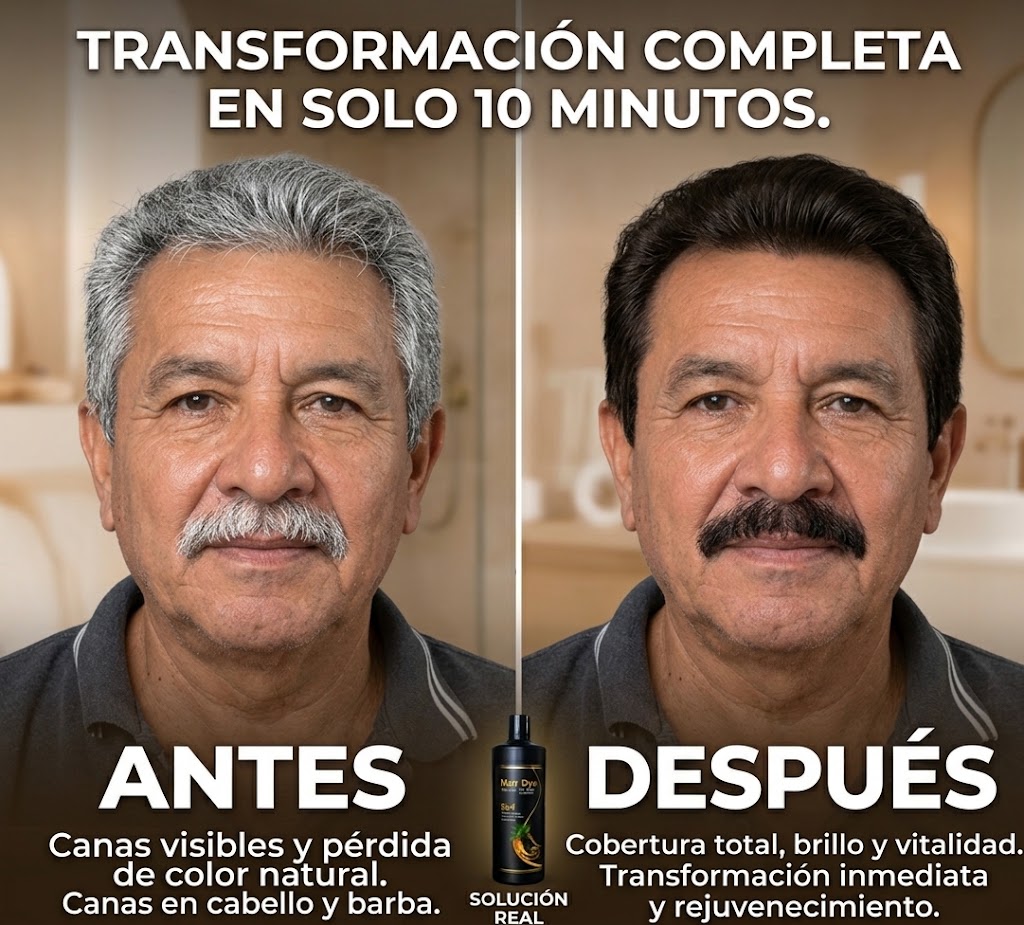 Antes y después de un hombre: canas en cabello y bigote cubiertas por completo