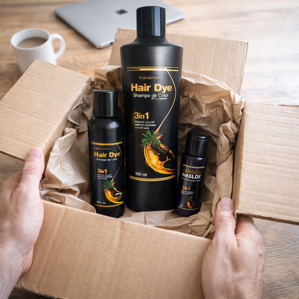 Manos abriendo una caja de envío con el shampoo cubrecanas dentro