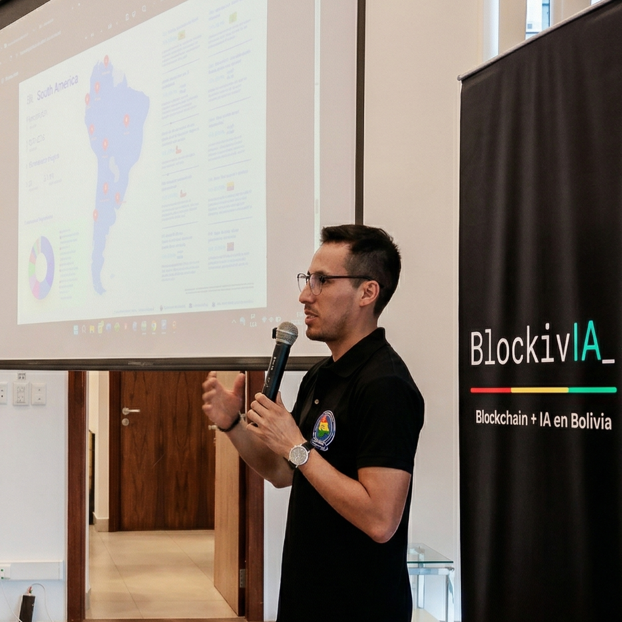 Sergio presenting BlockivIA at university with Blockchain + IA en Bolivia signage