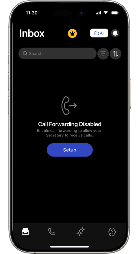 Inbox page with Call Forwarding Disabled and Setup button
