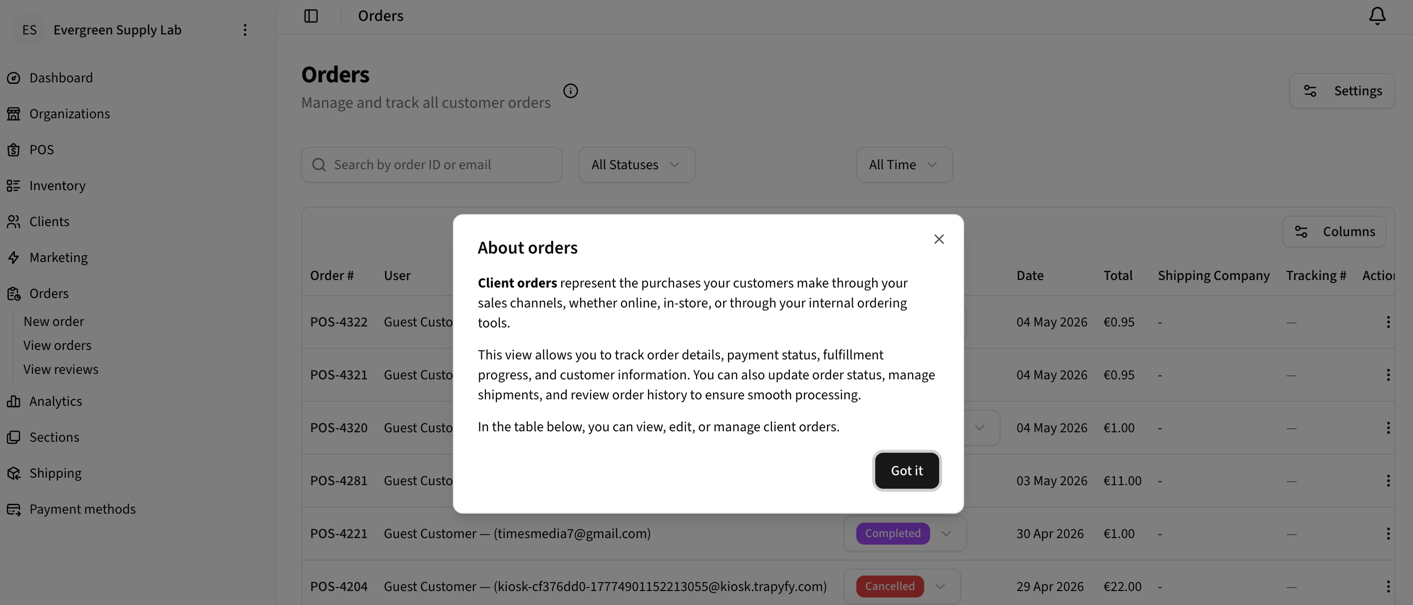 About orders modal explaining that client orders represent purchases made through online, in-store, or internal sales channels, and that the Orders view tracks payment status, fulfillment progress, shipping, customer information, and order history