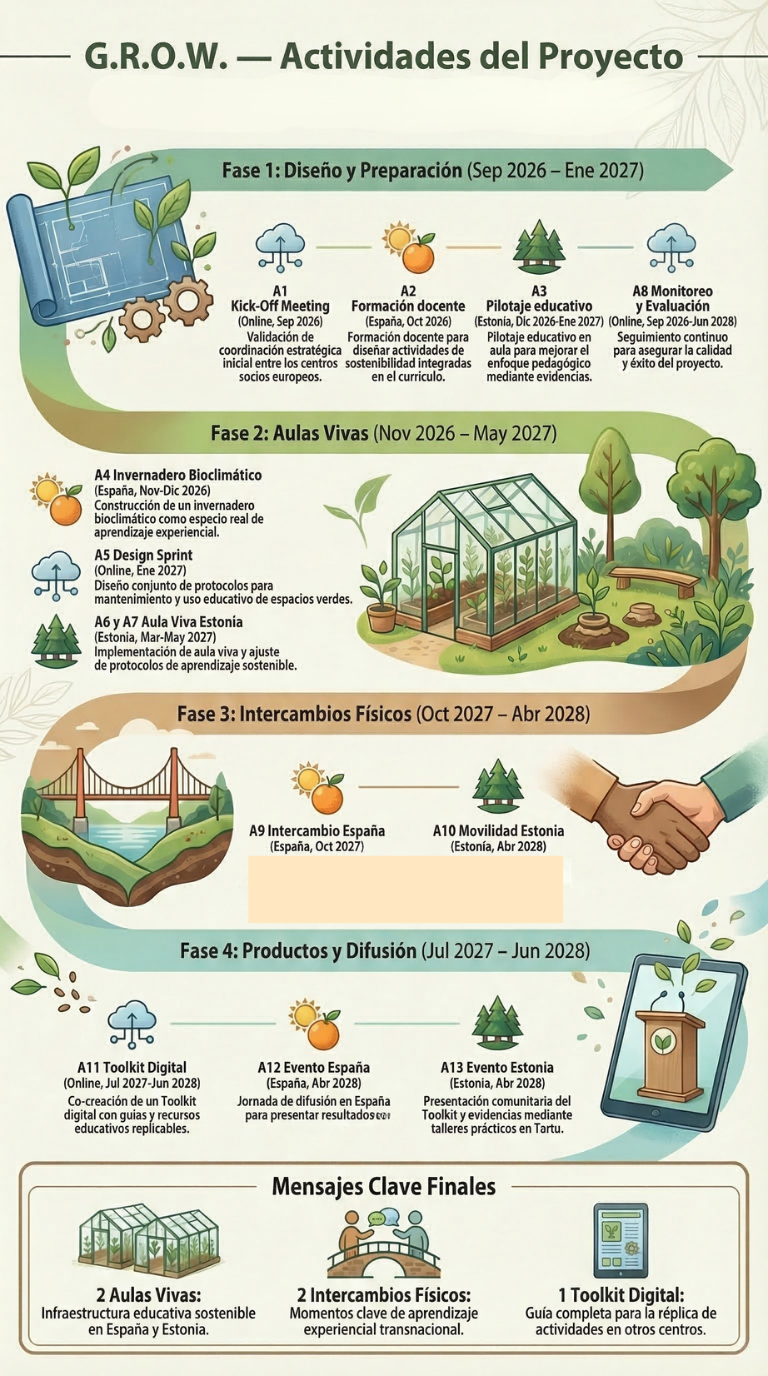 Infografía de actividades del proyecto G.R.O.W. - cuatro fases: Diseño y Preparación, Aulas Vivas, Intercambios Físicos, y Productos y Difusión
