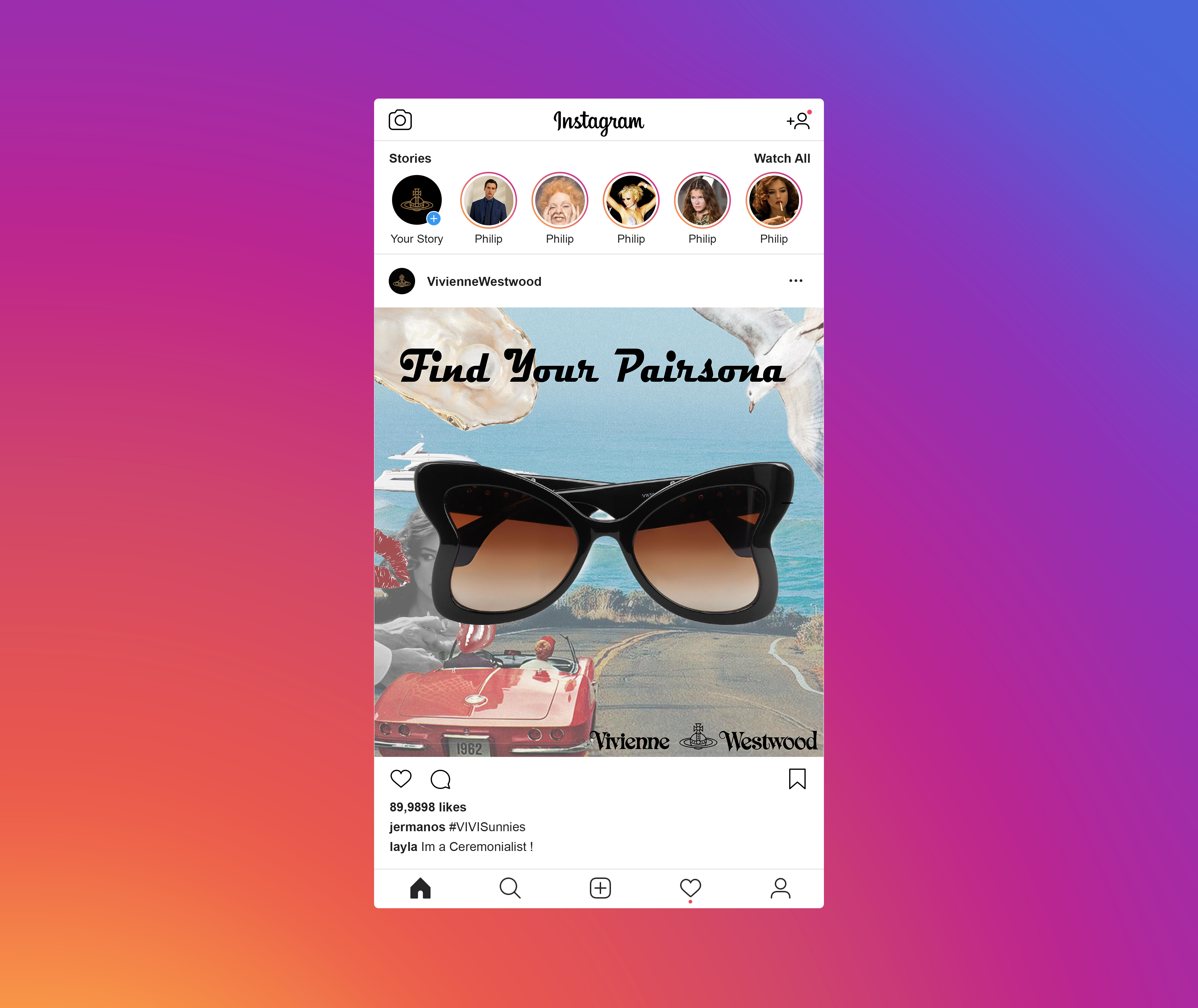 Find Your Pairsona — Instagram feed mockup with Vivienne Westwood sunglasses