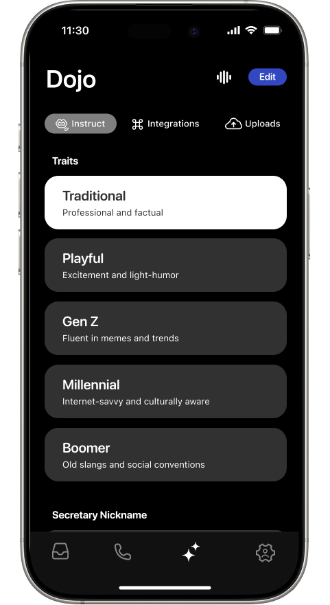 Dojo Instruct sub-tab showing personality trait options: Traditional, Playful, Gen Z, Millennial, and Boomer, with a Secretary Nickname section below