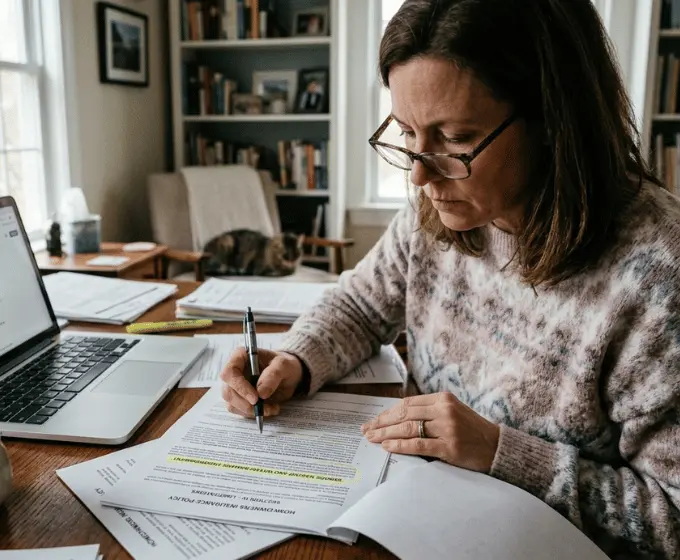 Homeowner reviewing an insurance policy for sewage backup coverage