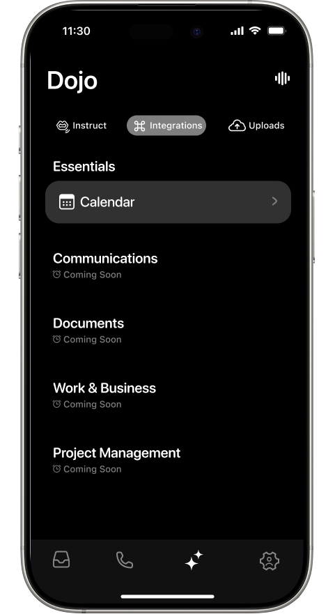 Dojo Integrations sub-tab showing Essentials group with Calendar, and Coming Soon sections for Communications, Documents, Work and Business, and Project Management