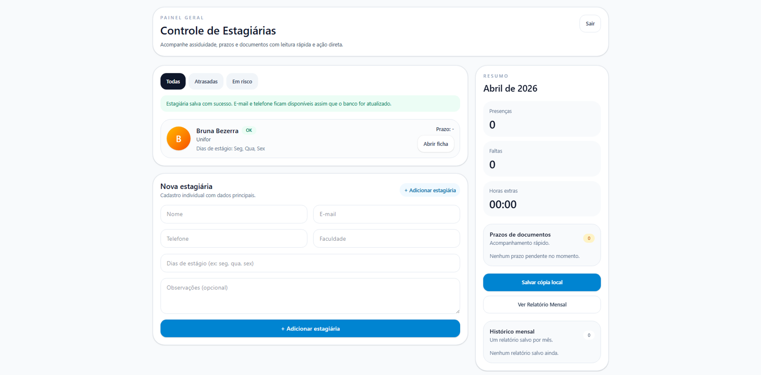 Painel Geral - Controle de estagiárias com lista, filtros e resumo mensal