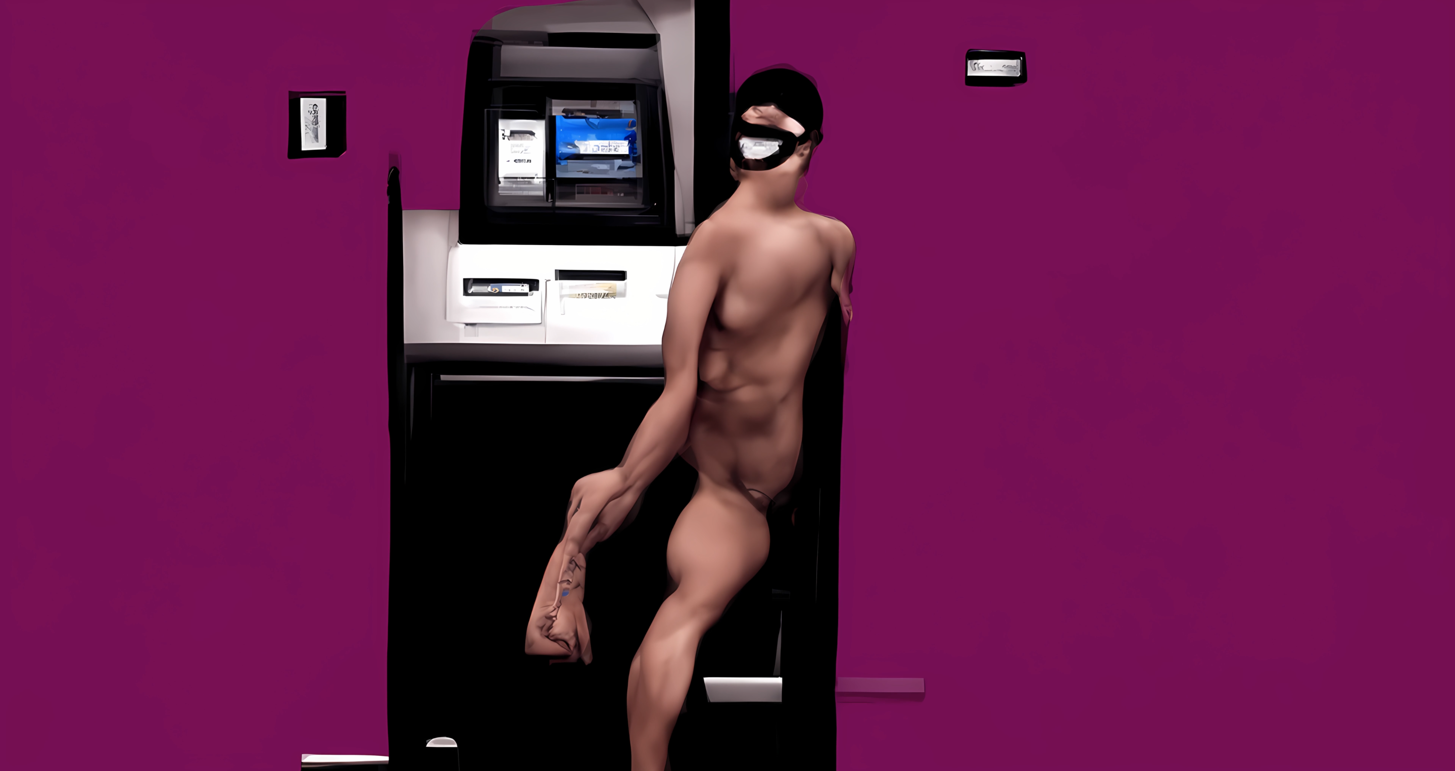 AI-generated still from Irreplaceable Biography showing a surreal figure against magenta background with distorted machine imagery