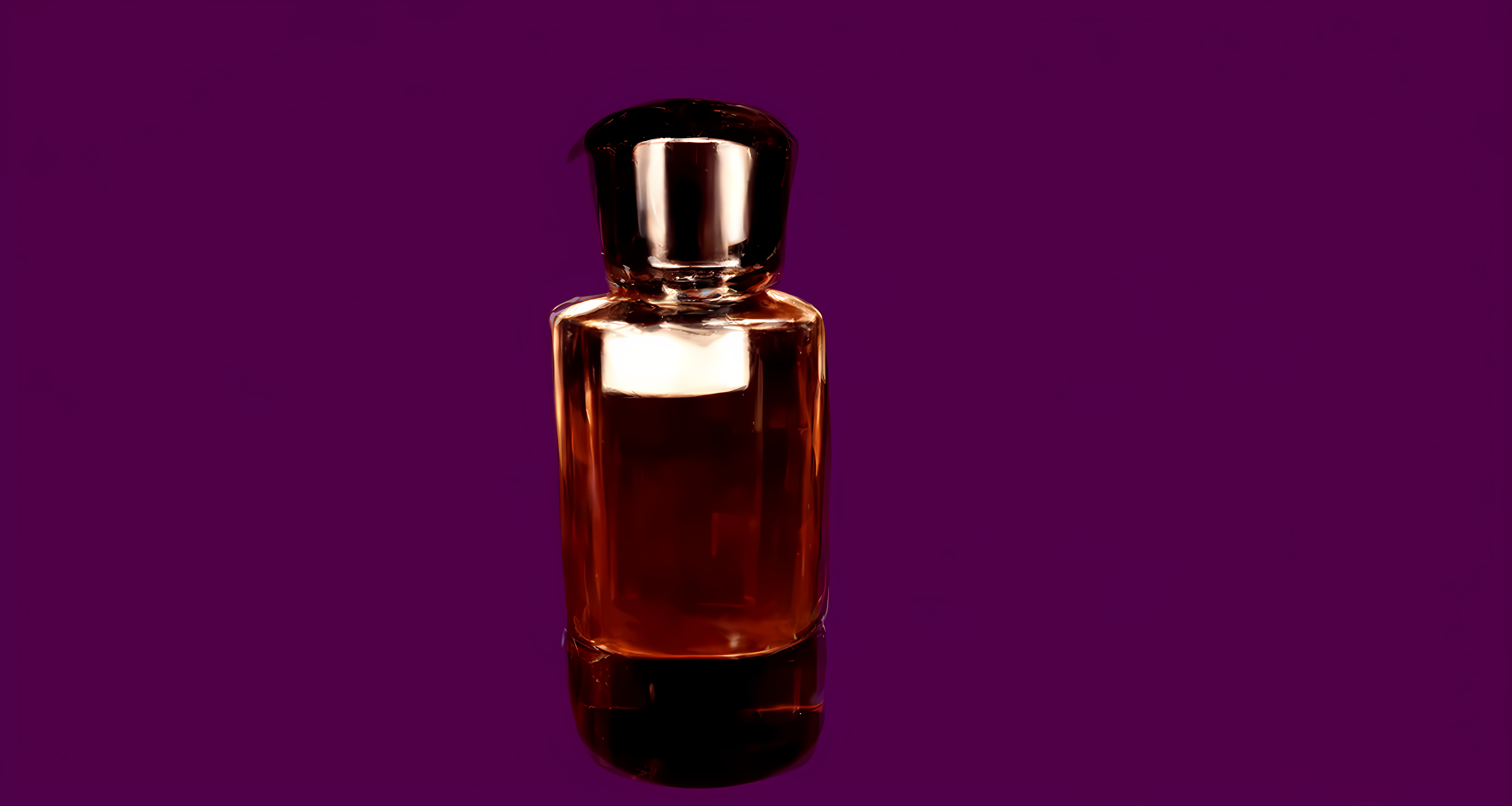 AI-generated still from Irreplaceable Biography showing a perfume bottle against deep purple background, emergent from the poem's mention of alcohol