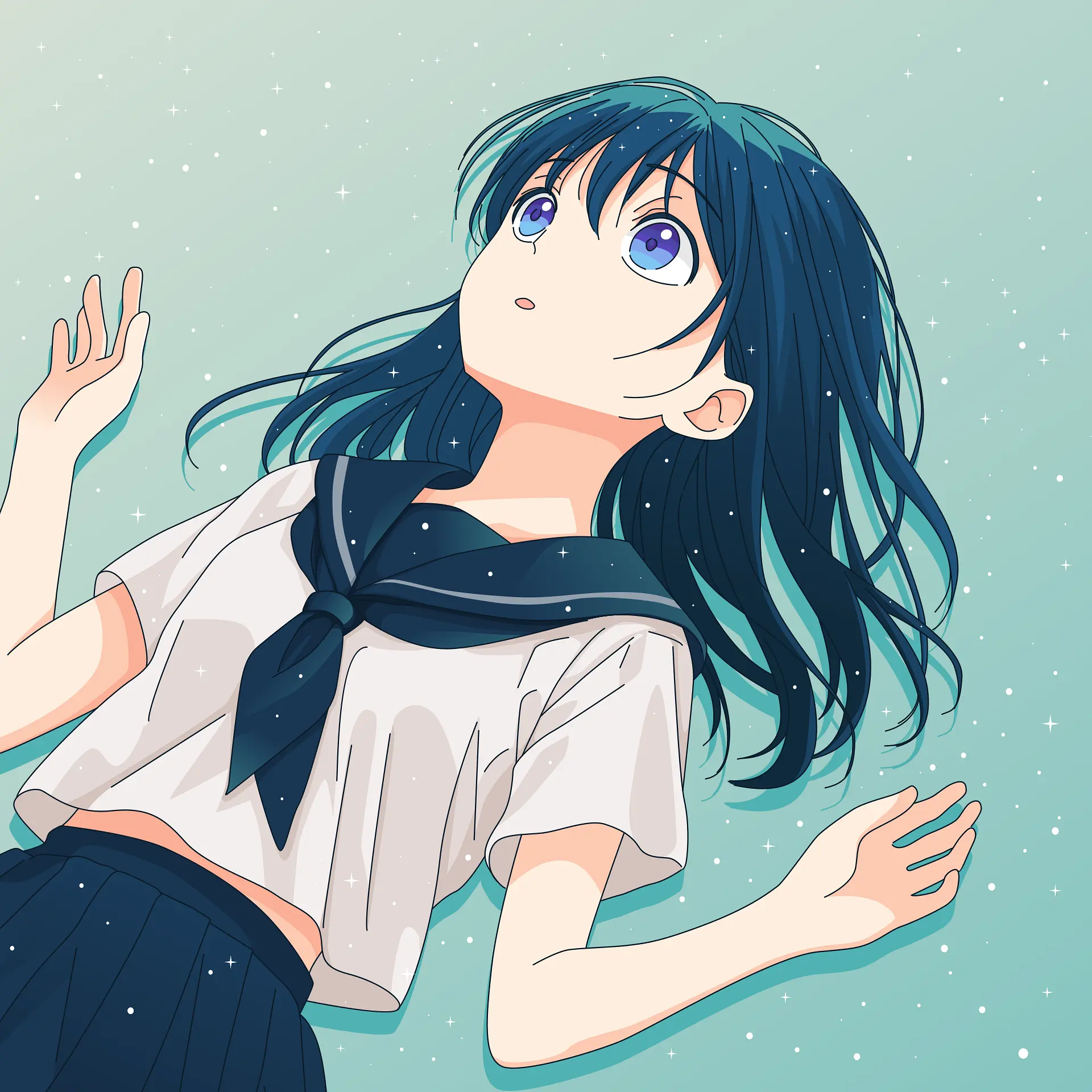 Anime illustration — girl in sailor uniform looking up at stars