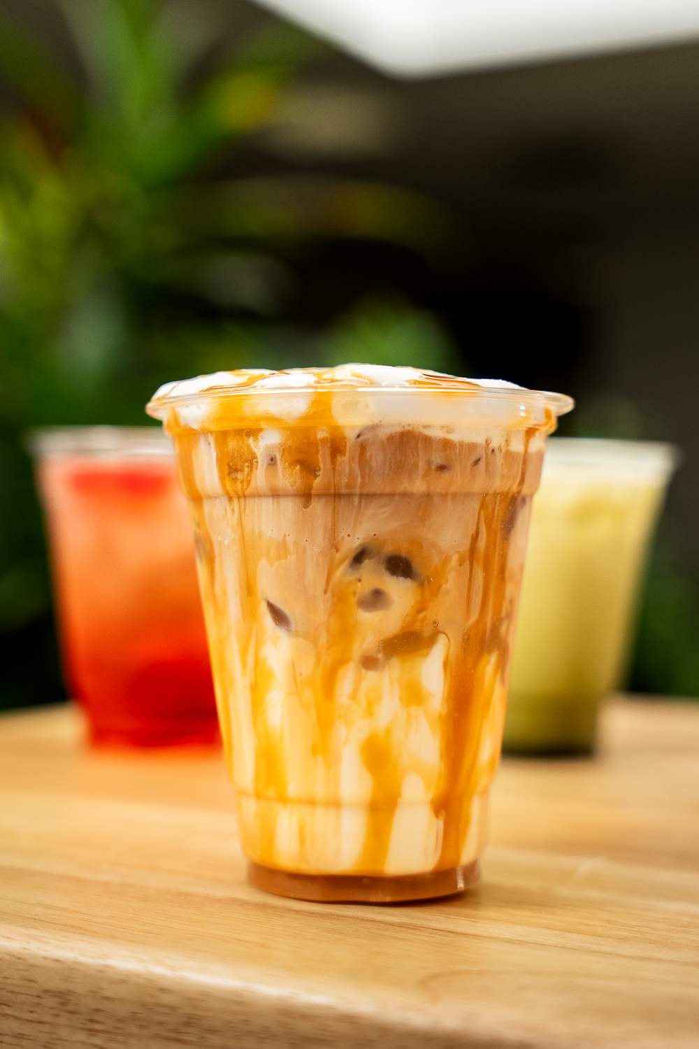 Finished iced caramel beverage ready to be served