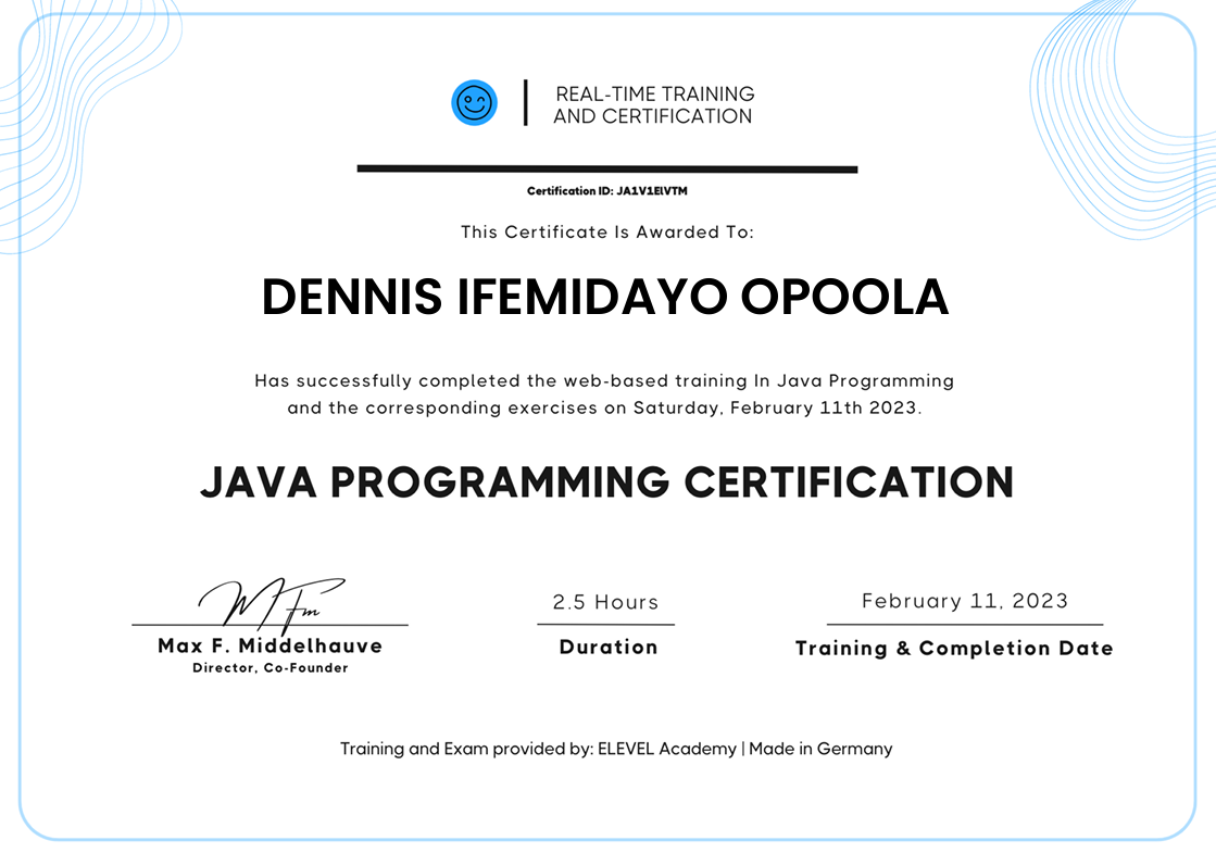 Java Programming Certification certificate
