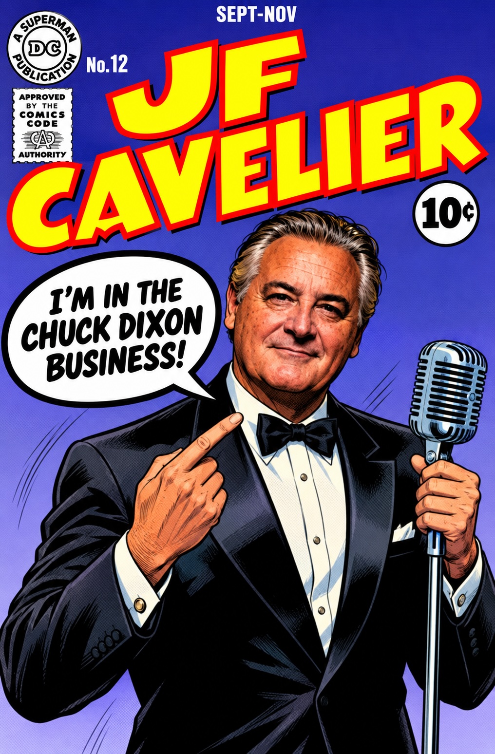 JF Cavelier comic cover featuring a broadcaster saying I'm in the Chuck Dixon business