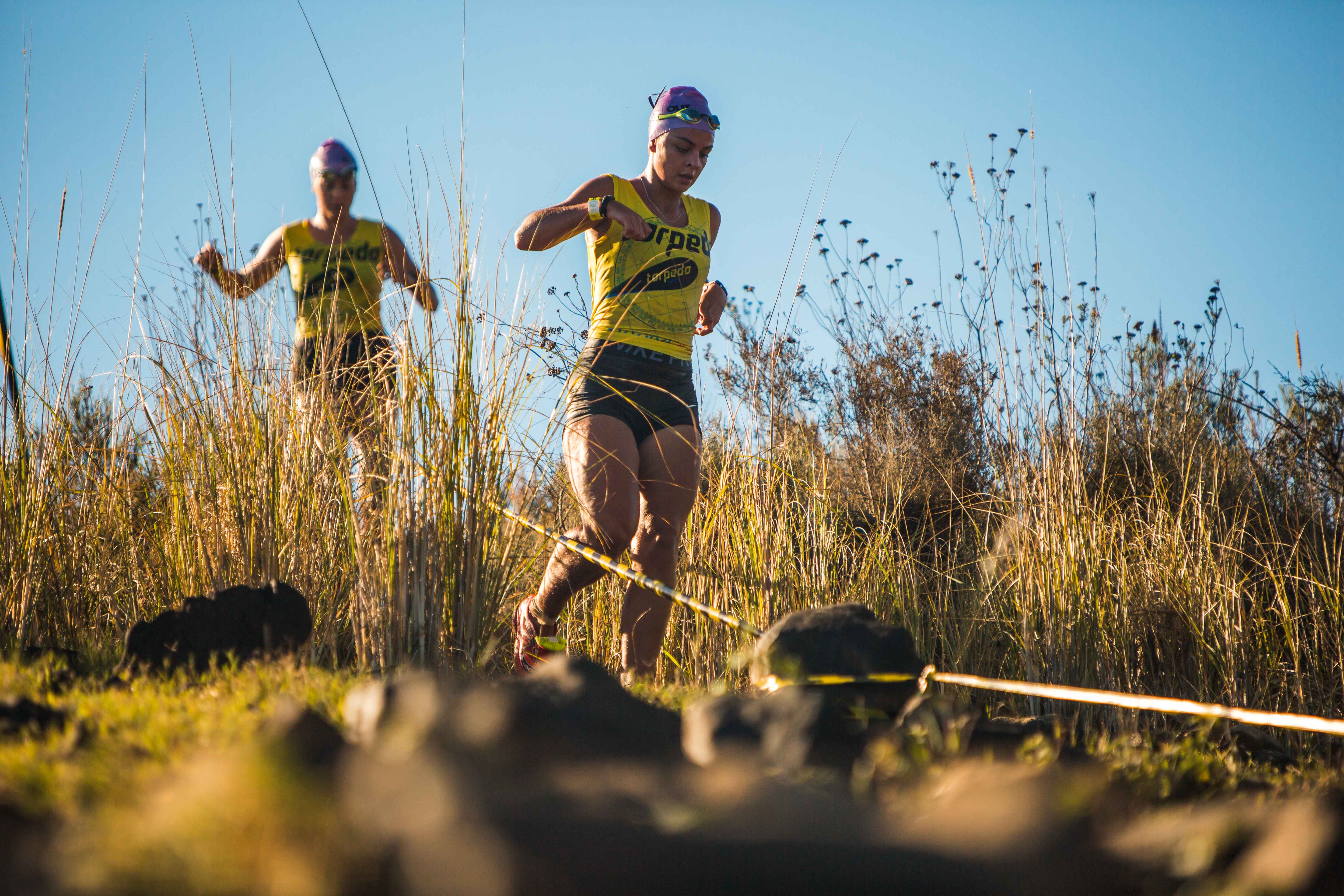 Two athletes running through tall golden grass in backlit low-angle shot