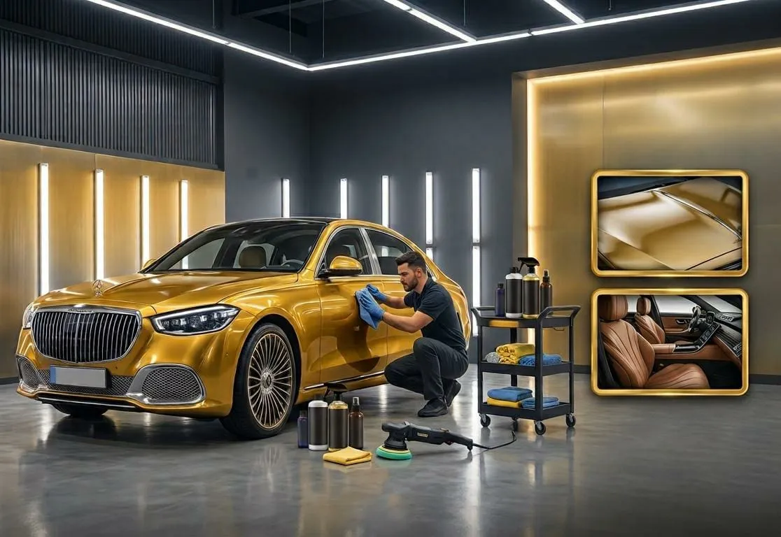 JM Detailing technician polishing a gold luxury car in a professional studio