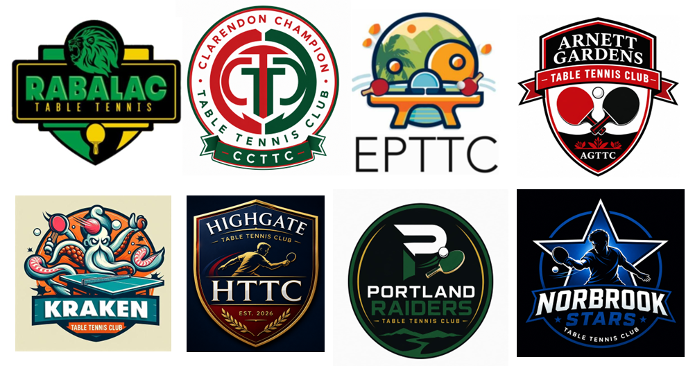 JTTPA Super League 2026 club logos — Rabalac, Clarendon Champion TTC, EPTTC, Arnett Gardens TTC, Kraken TTC, Highgate TTC, Portland Raiders TTC, Norbrook Stars TTC