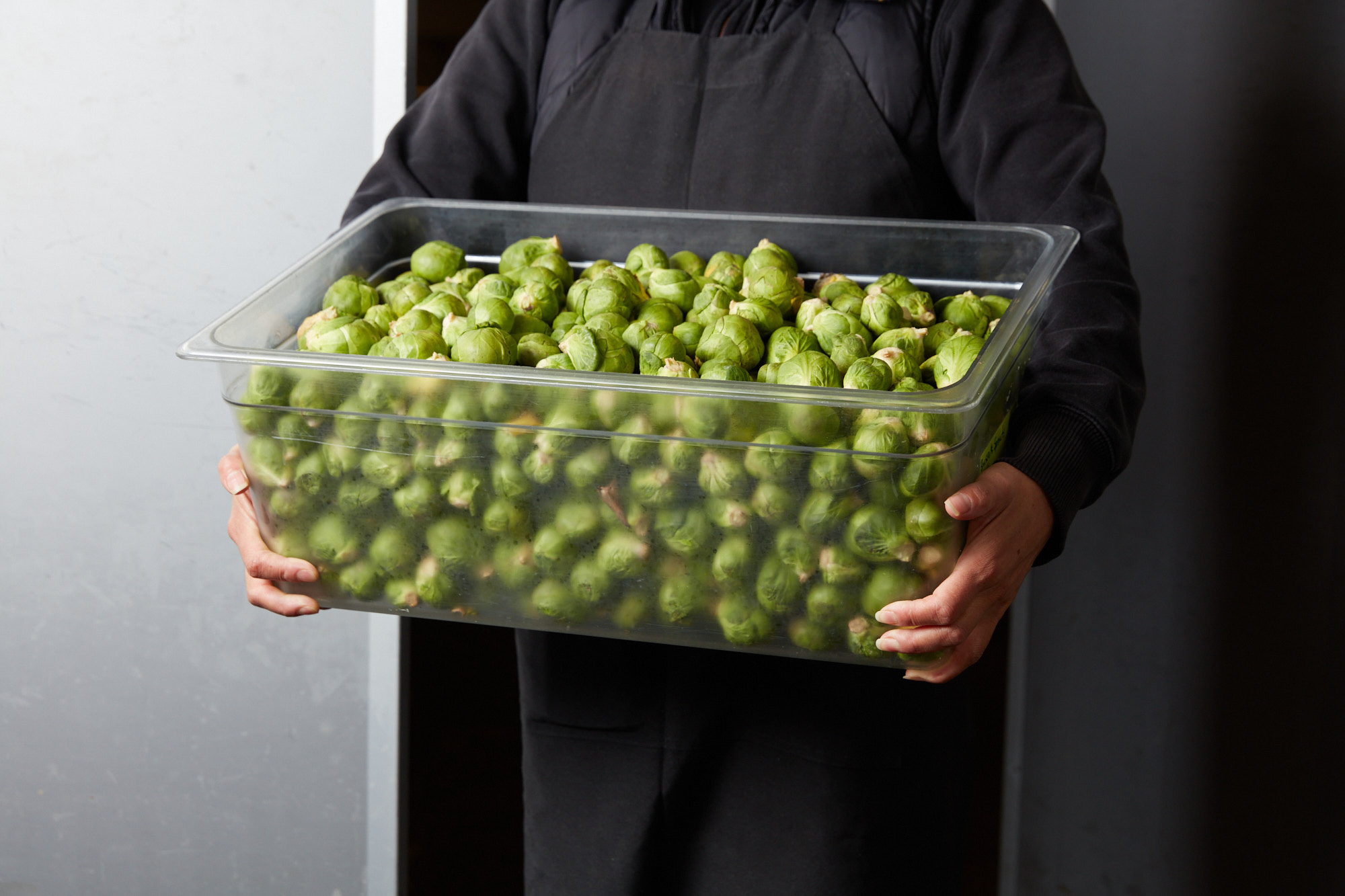 Kitchen staff carrying a large tub of fresh Brussels sprouts