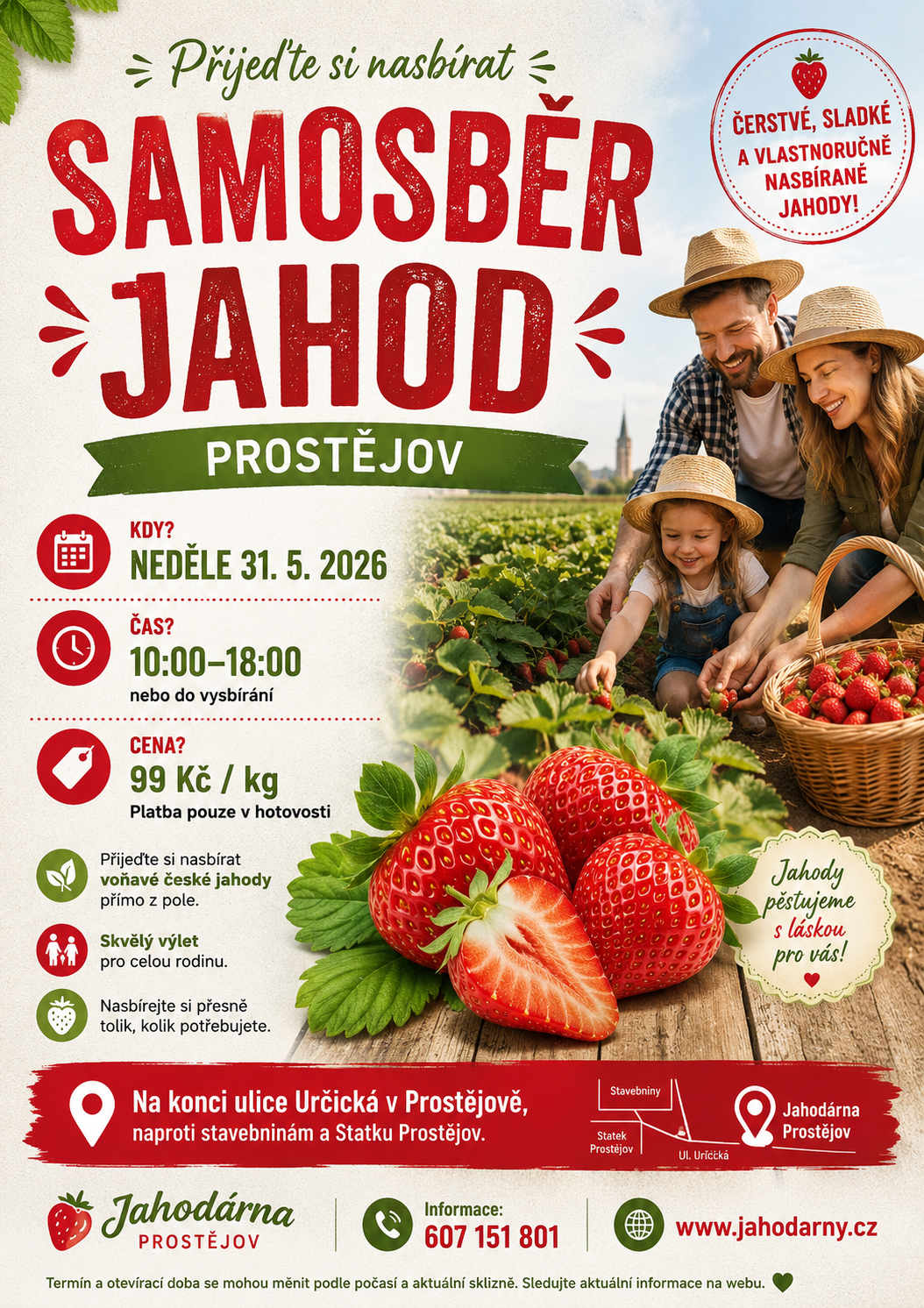 Propagační leták Jahodárna Prostějov — samosběr jahod pro celou rodinu