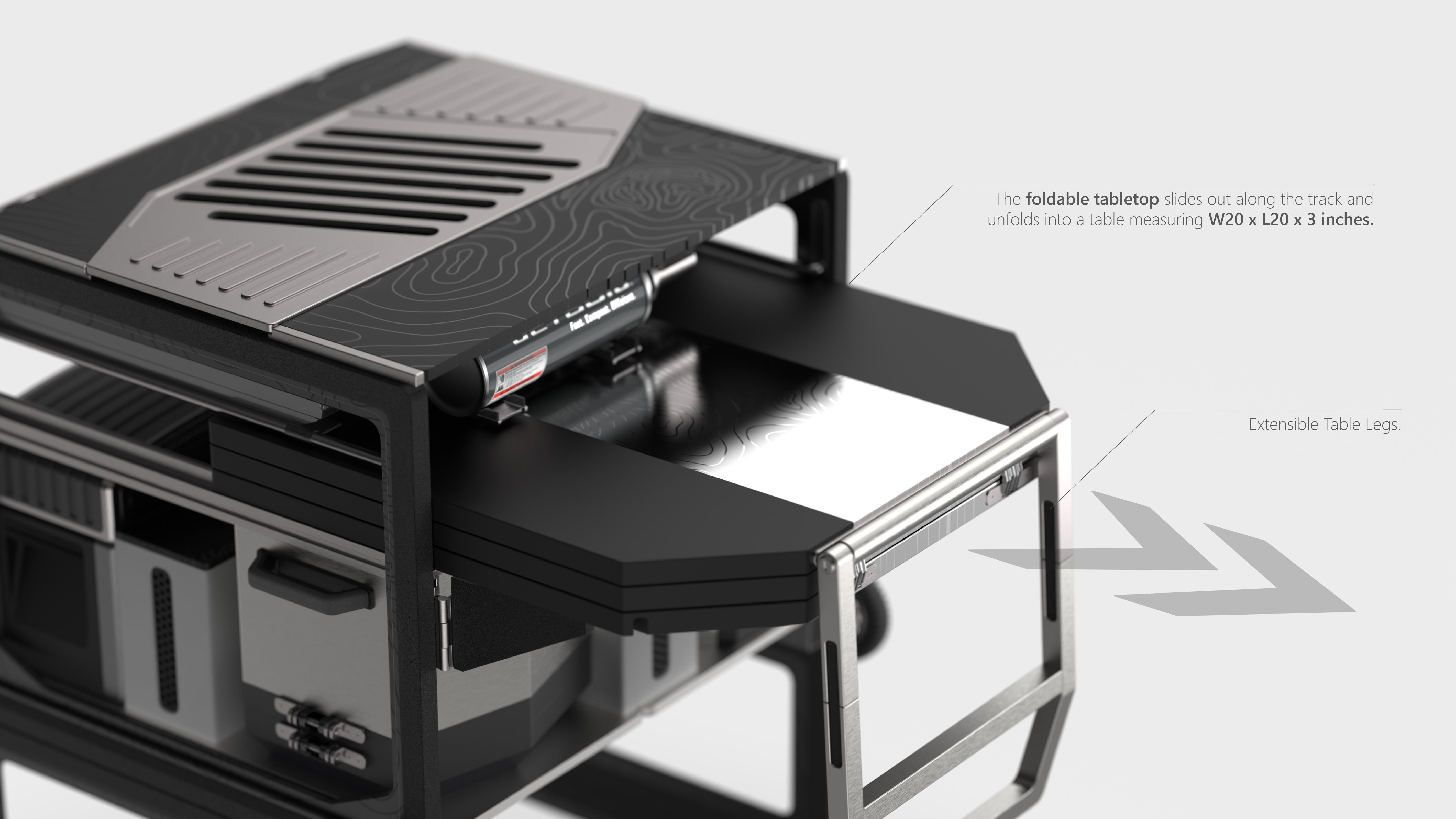 Foldable tabletop slides out and unfolds with extensible table legs