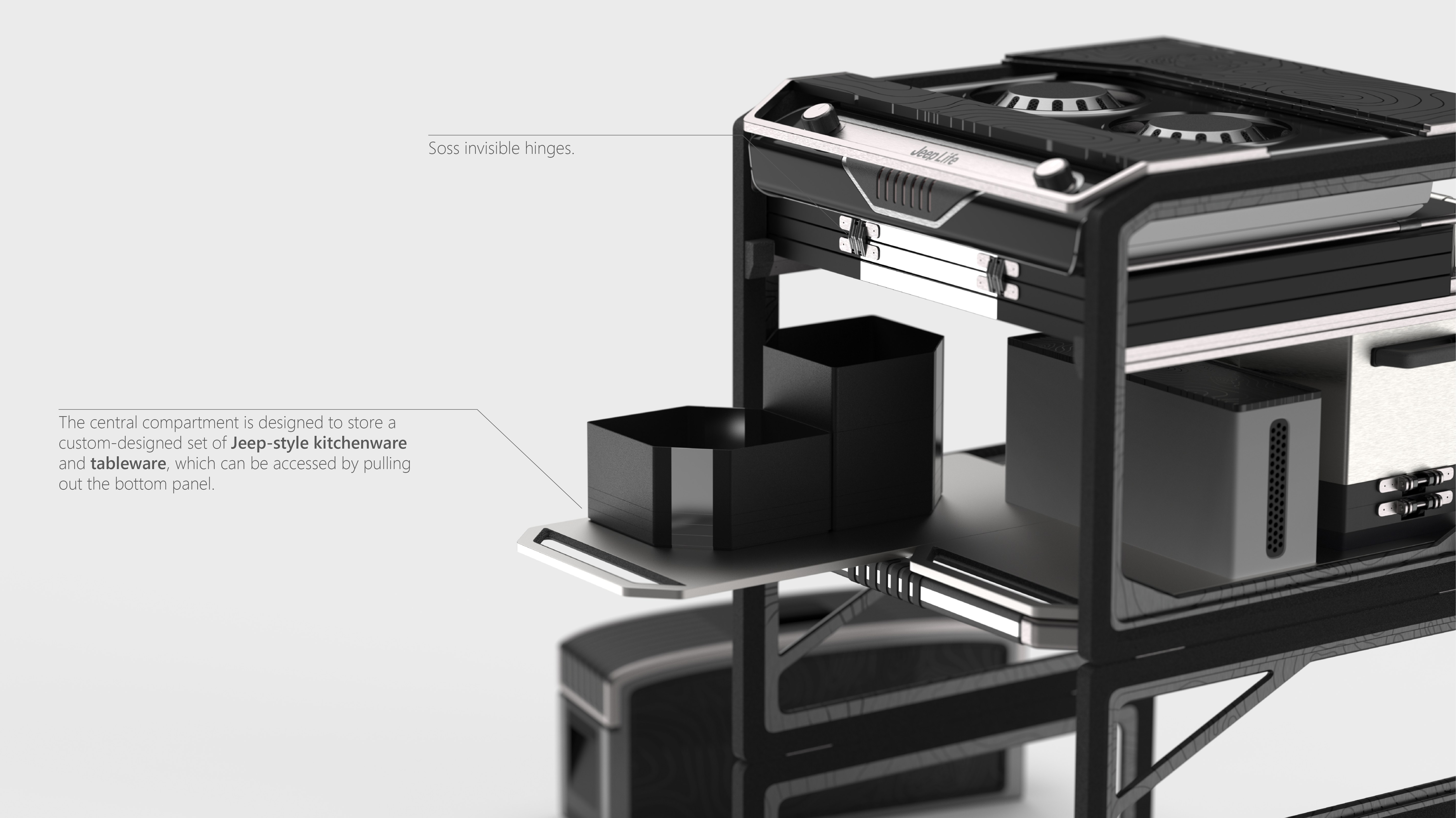 Soss invisible hinges and central compartment for Jeep-style kitchenware