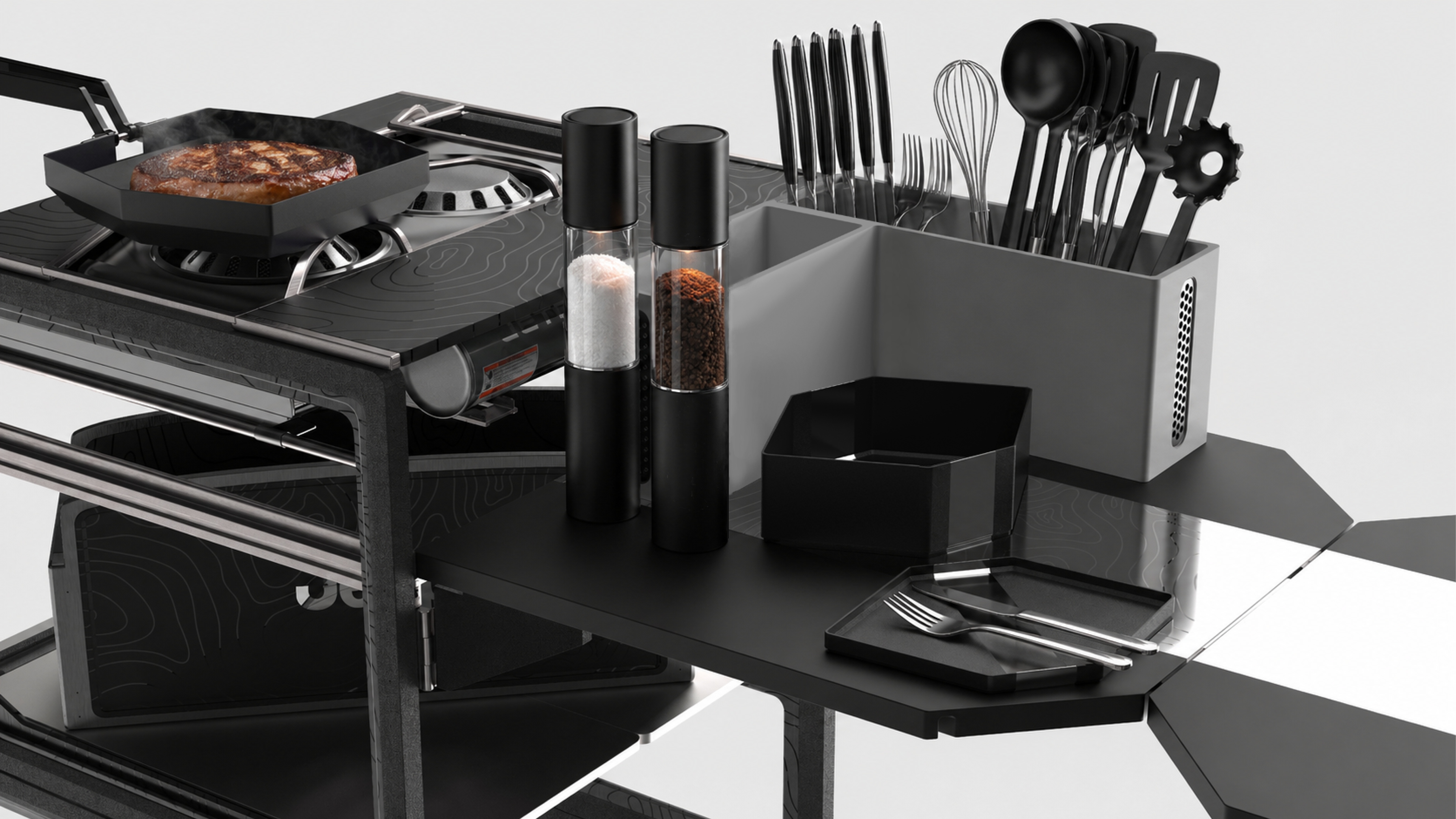 Cooking steak with utensils, spices and tableware in use