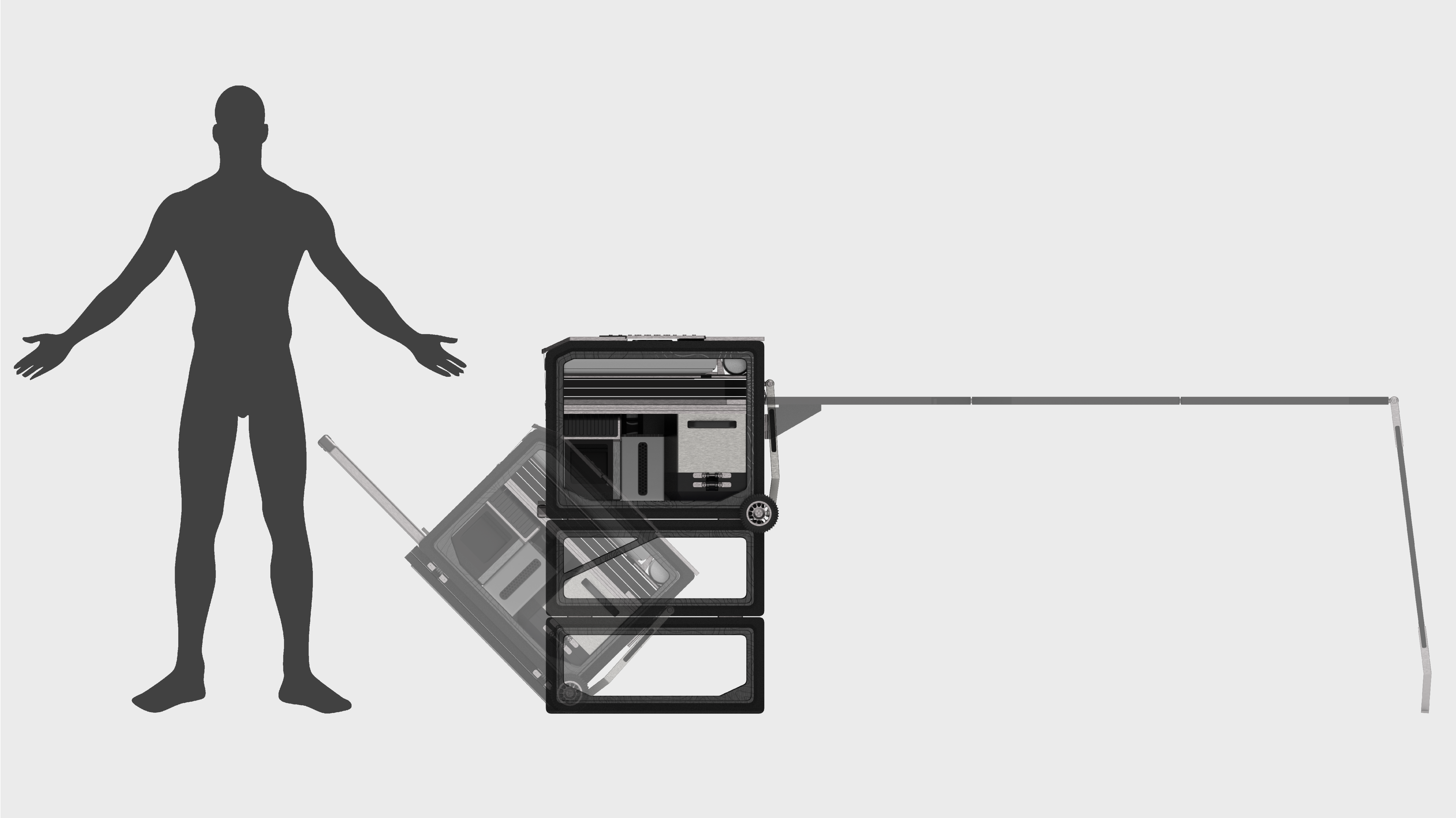 Size comparison with human silhouette and extended handle