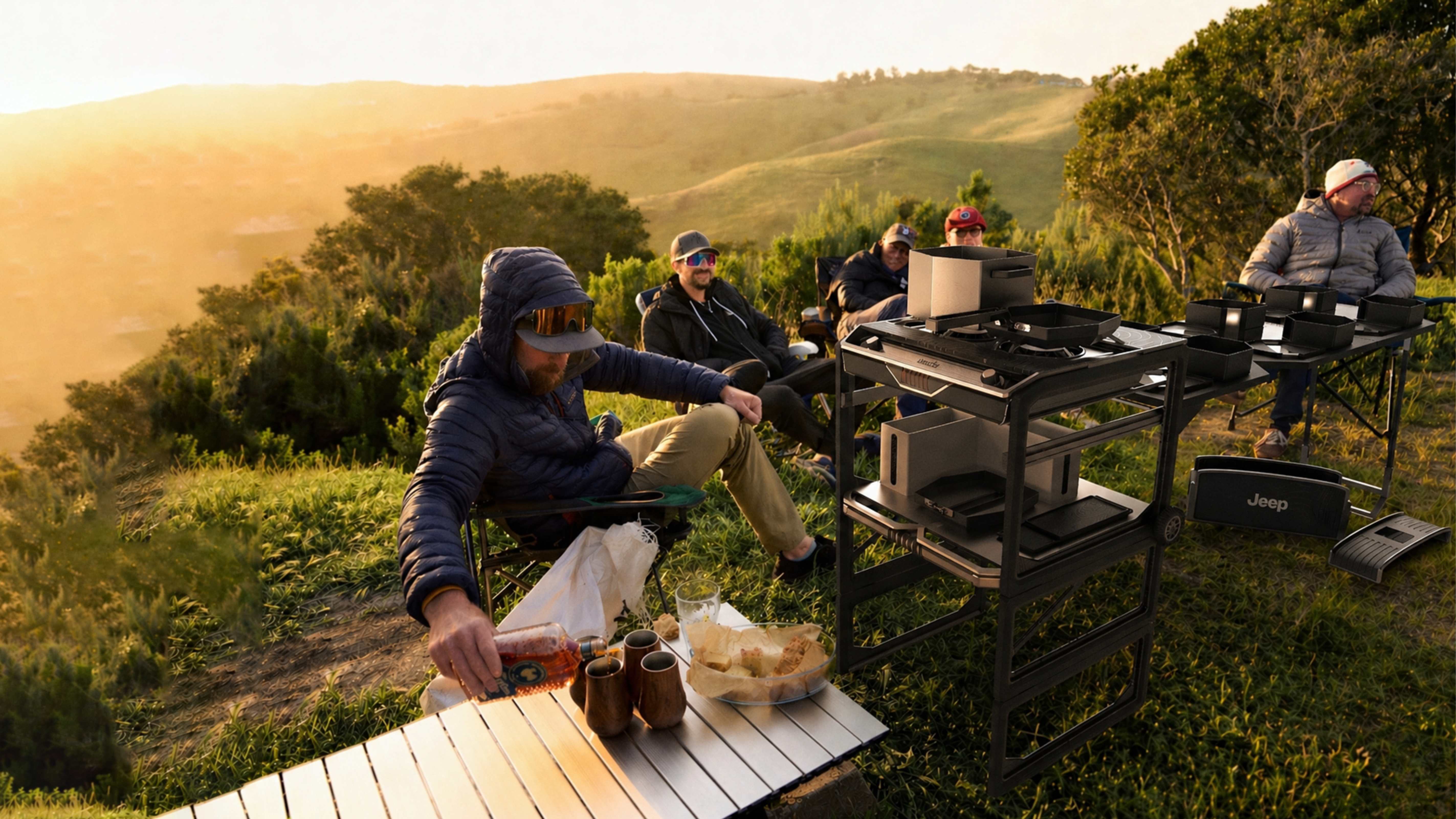 Group of friends camping and cooking outdoors at golden hour