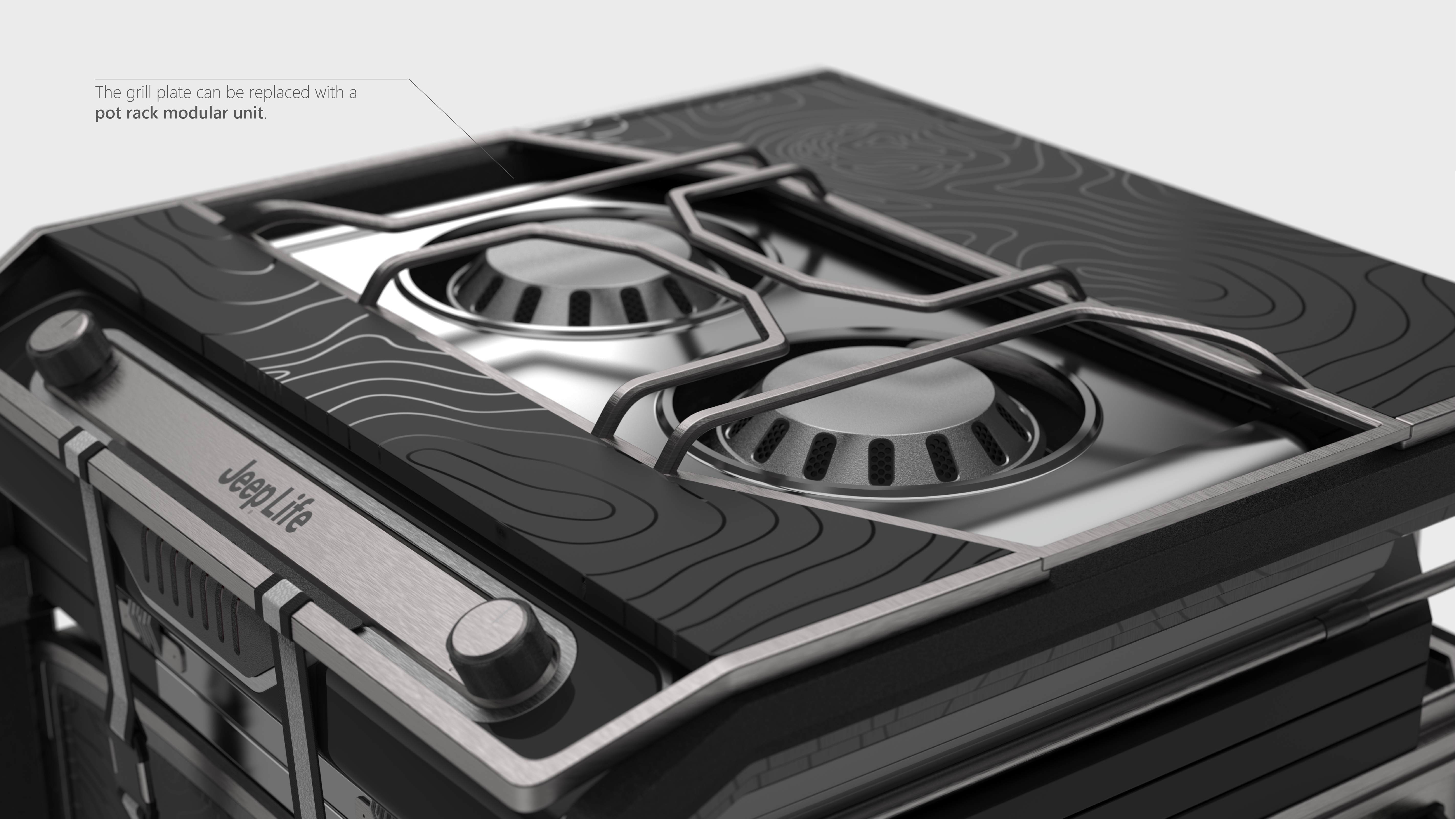Grill plate that can be replaced with a pot rack modular unit