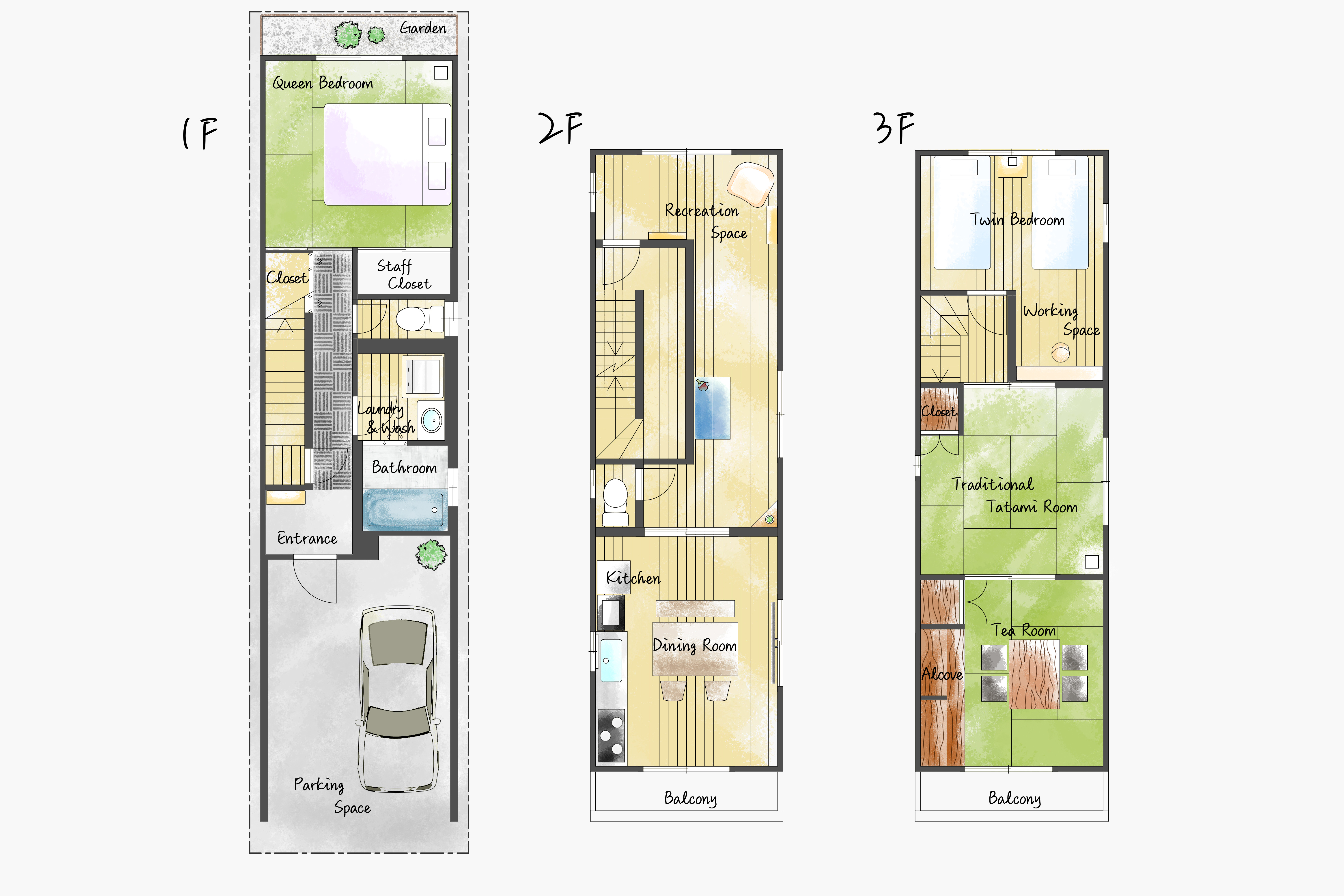 Kamogawa J-House floor plan showing 120 sqm three-floor layout: 1F with double bedroom, garden, bathroom, laundry and parking; 2F with recreation space, kitchen, dining room and balcony; 3F with twin bedroom, traditional tatami room, tea room, working space and balcony for up to 9 guests