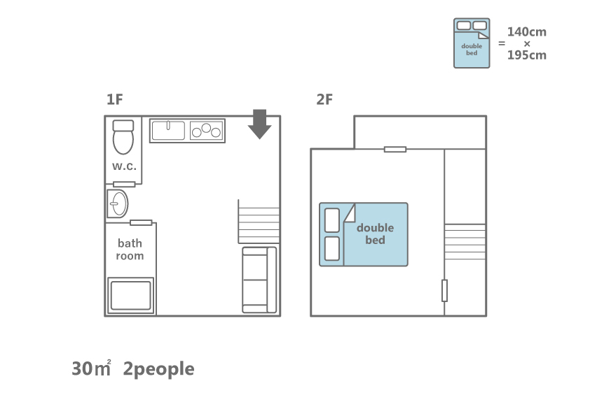 Jizo-An floor plan showing 1F with bathroom, W.C., and kitchen, and 2F with double bed - 30 sqm for 2 people