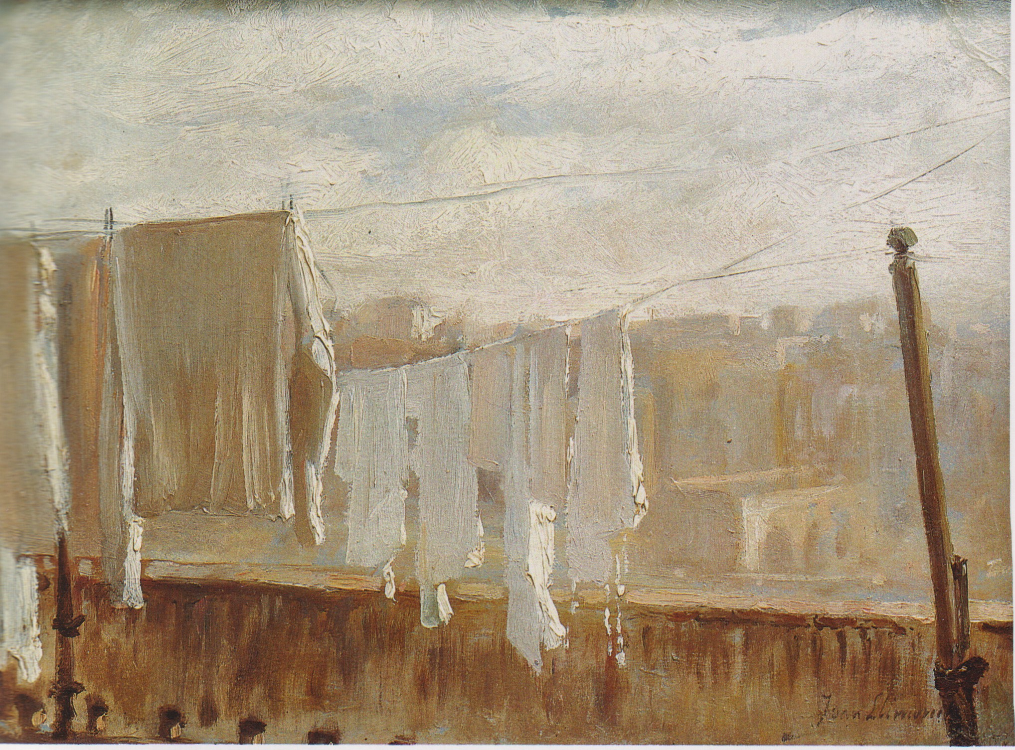 Bugada estesa entre pals, paisatge urbà — Joan Llimona