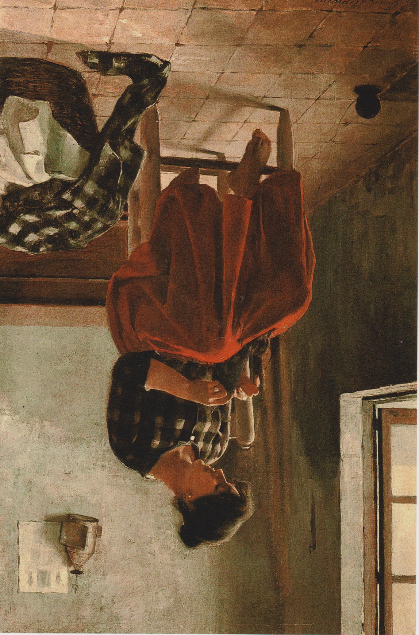 Dona cosint a l'interior, faldilla vermella — Joan Llimona