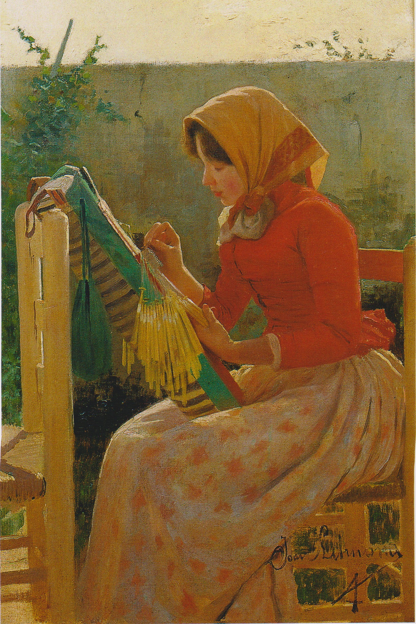 Noia cosint al jardí, mocador groc — Joan Llimona