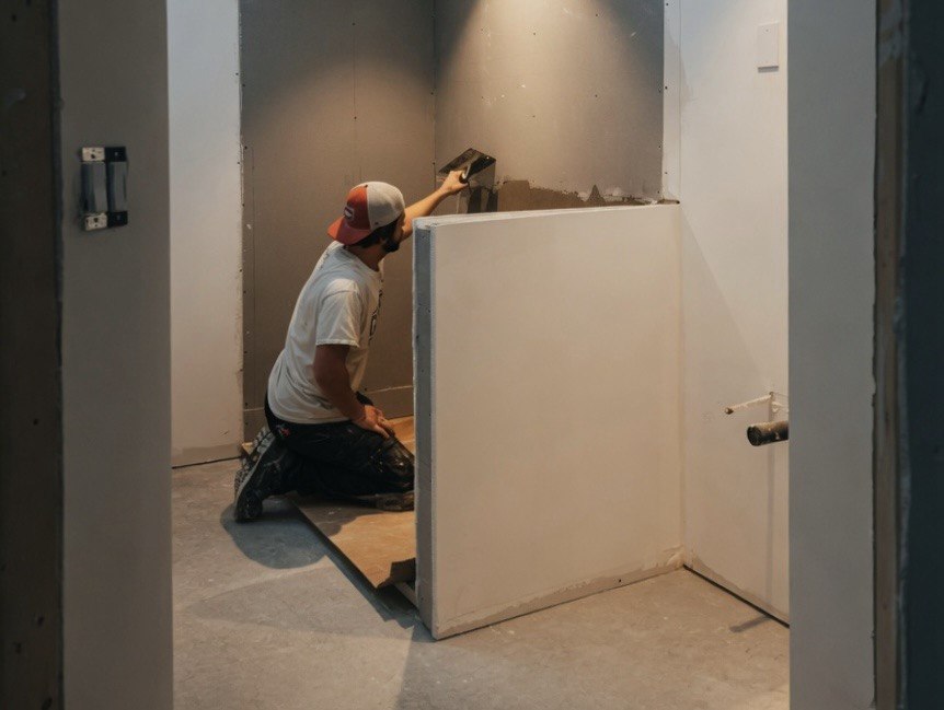 Dunrite Flooring team member working on tile installation