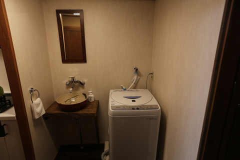 Laundry room with washing machine, ceramic vessel sink on wooden counter, and mirror