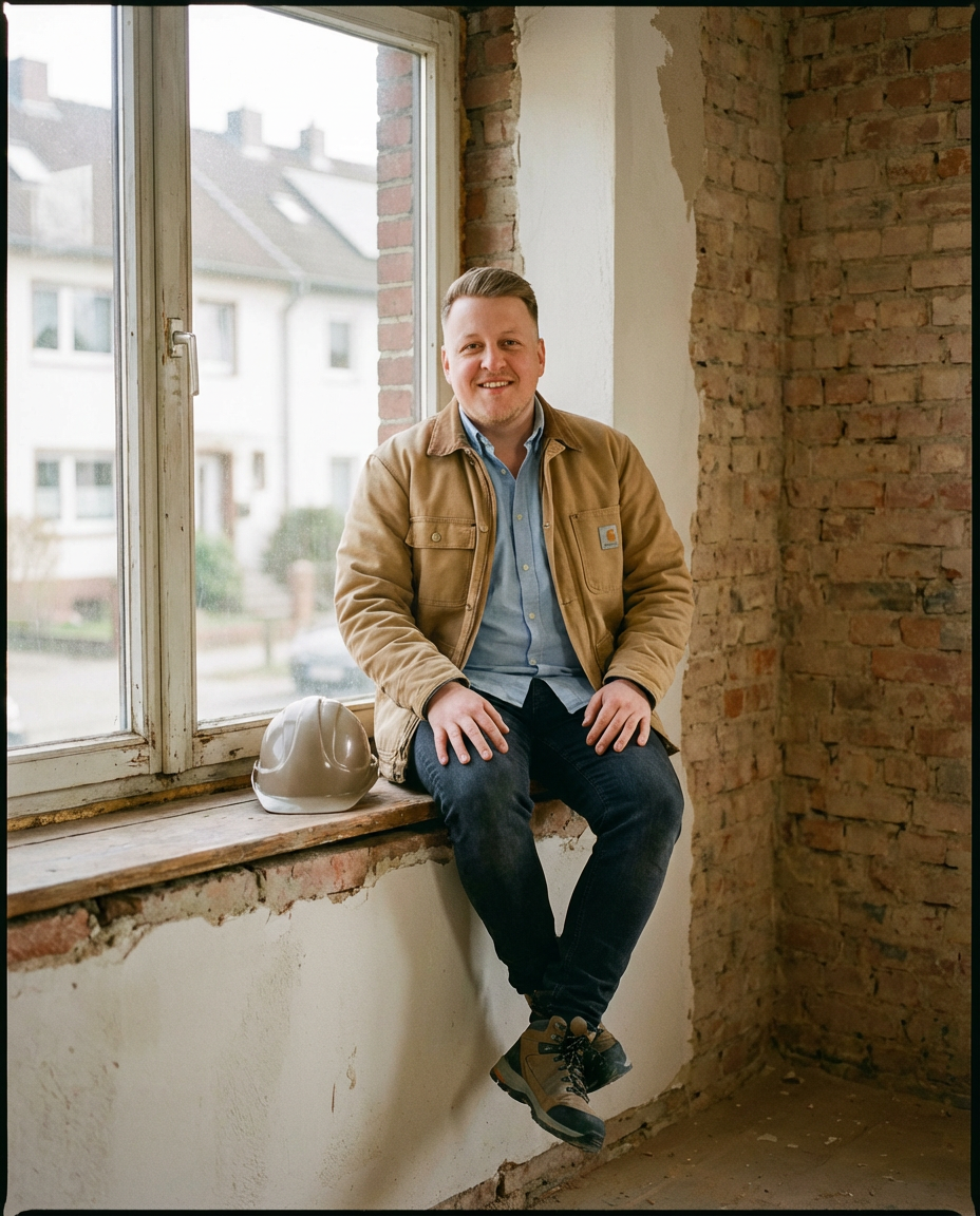 Kevin Sell sitzt auf einer Fensterbank auf der Baustelle, mit Helm und Backsteinwand im Hintergrund