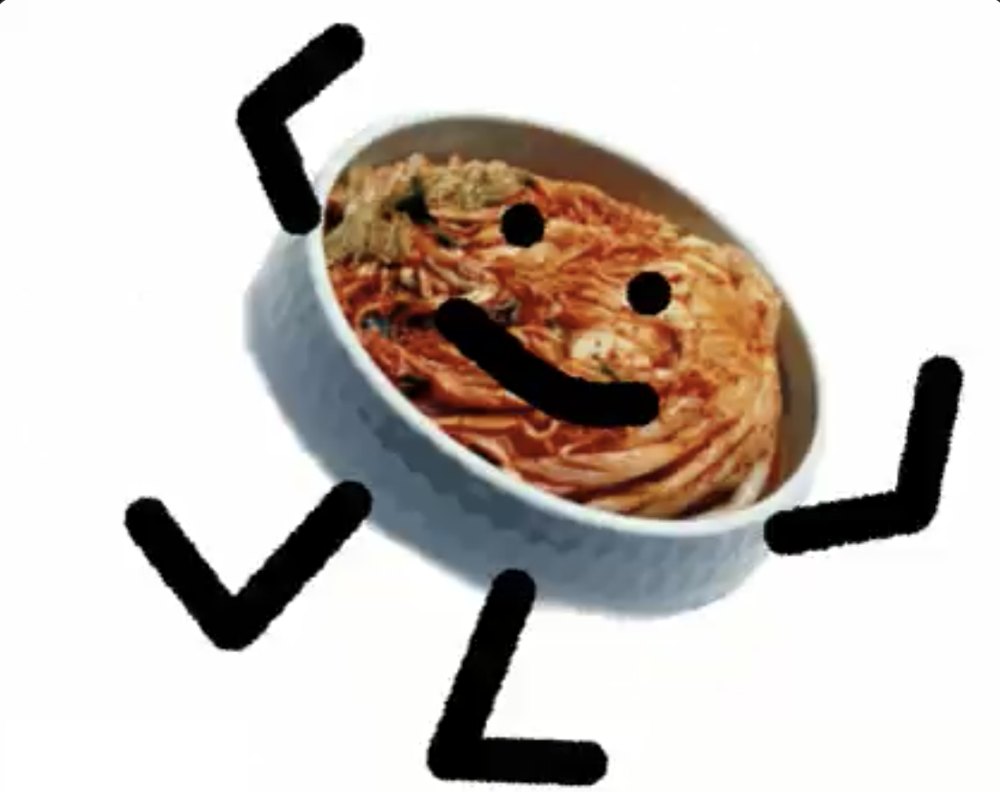 KIMCHI mascot — a dancing bowl of kimchi with a goofy smile
