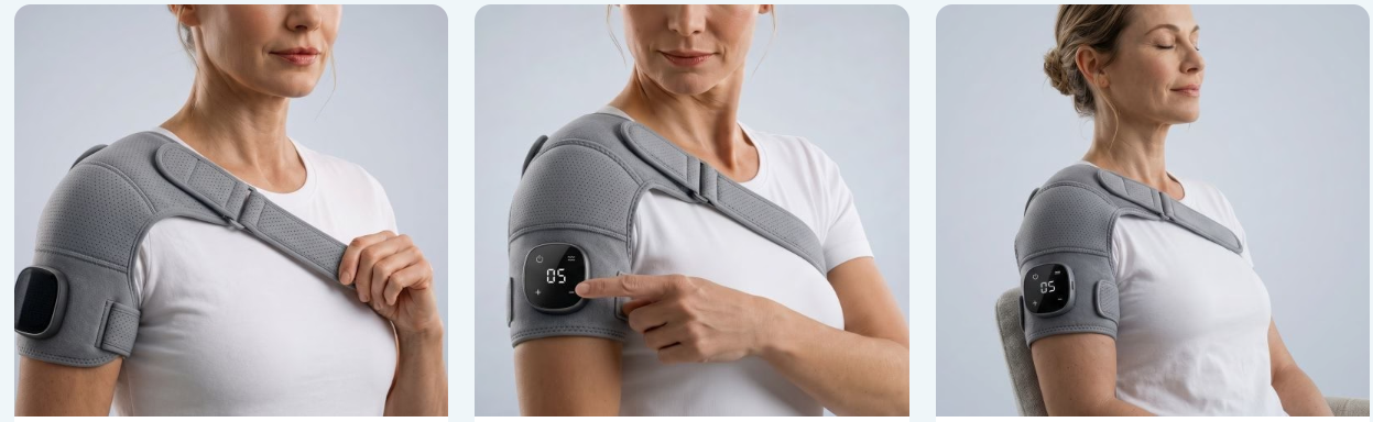 Three views of a woman wearing the gray Kinessana shoulder massager