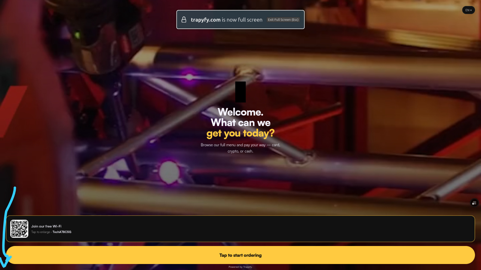 Kiosk welcome screen showing Welcome message and Tap to start ordering button at a trade show
