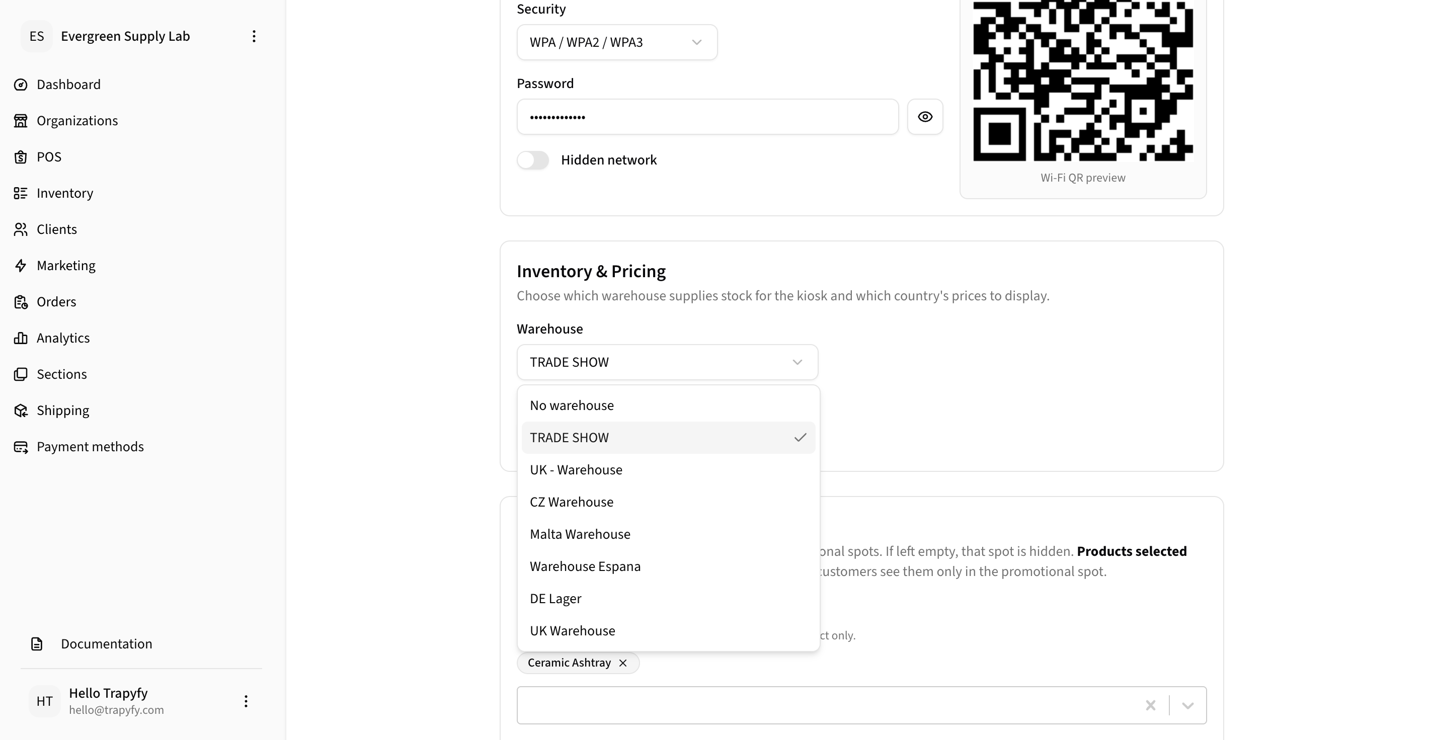Kiosk settings showing Inventory and Pricing section with Warehouse dropdown set to TRADE SHOW and Country dropdown set to DE