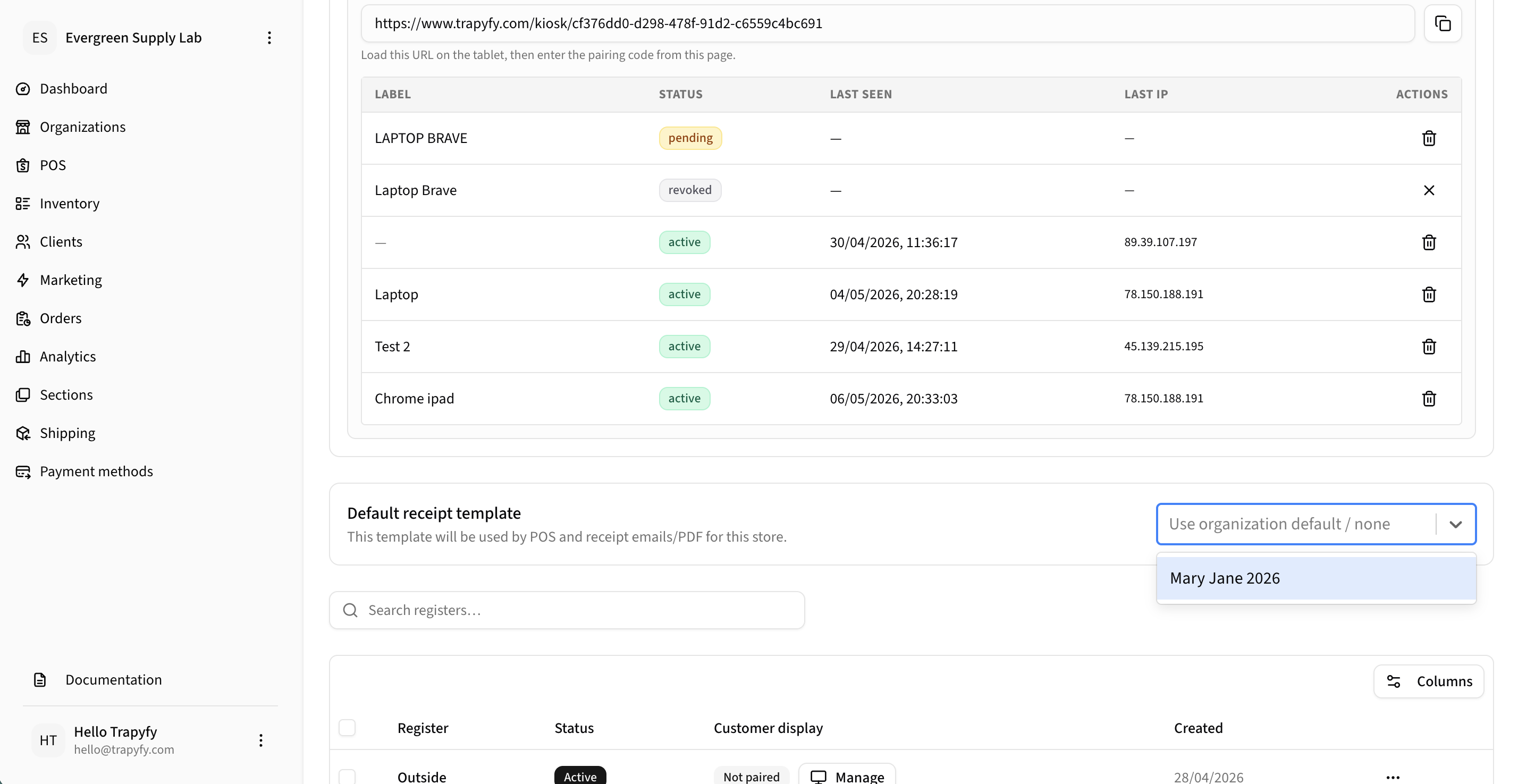 Store Kiosk Configuration showing full device list with statuses and Default receipt template dropdown