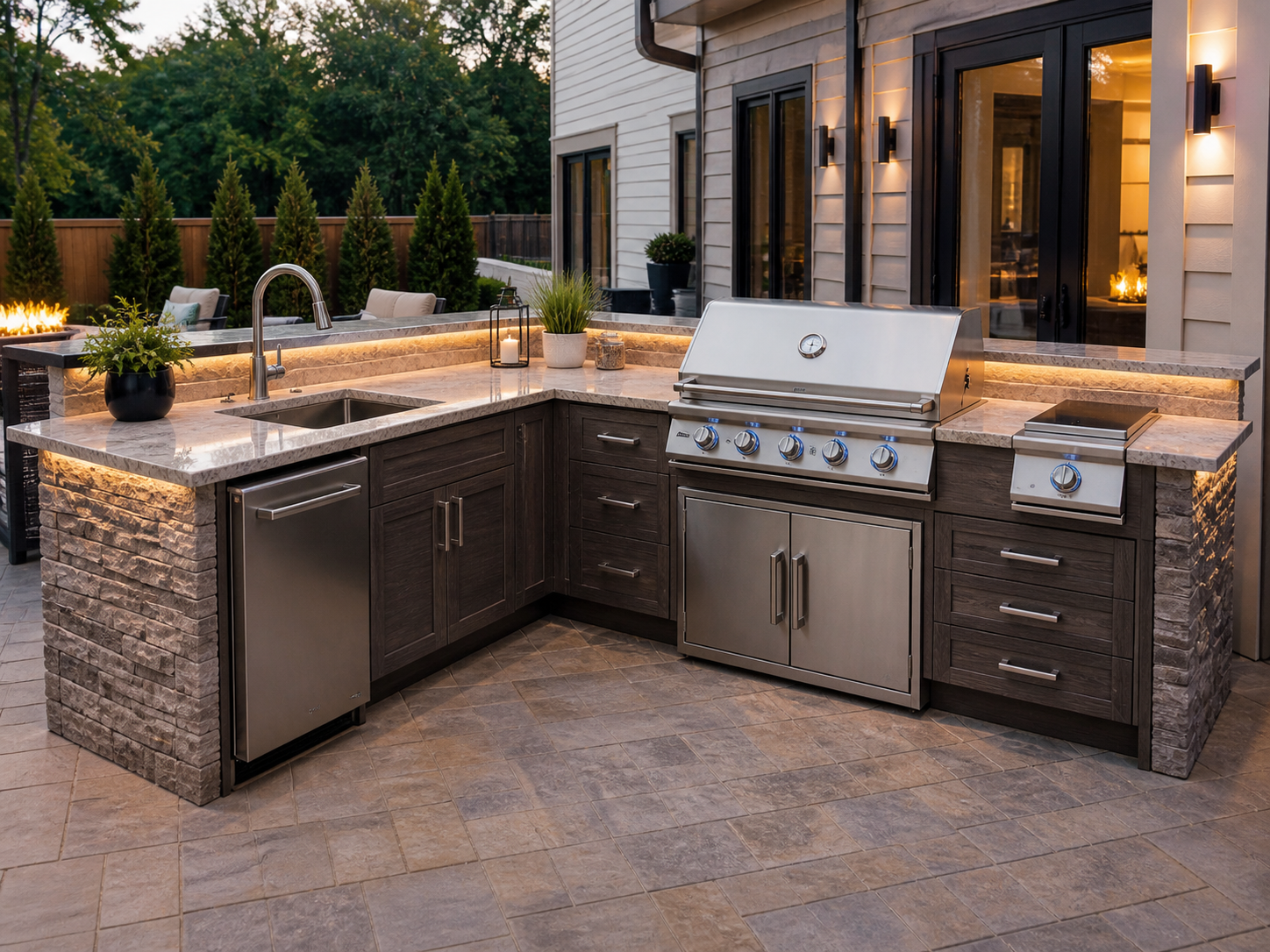 Custom outdoor kitchen with grill island and stone finishes