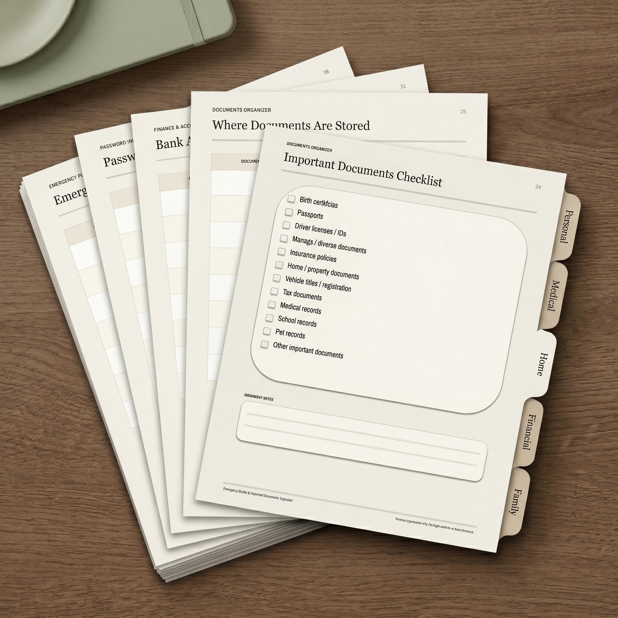 Important Documents Checklist pages showing checkboxes for birth certificates, passports, insurance policies and more