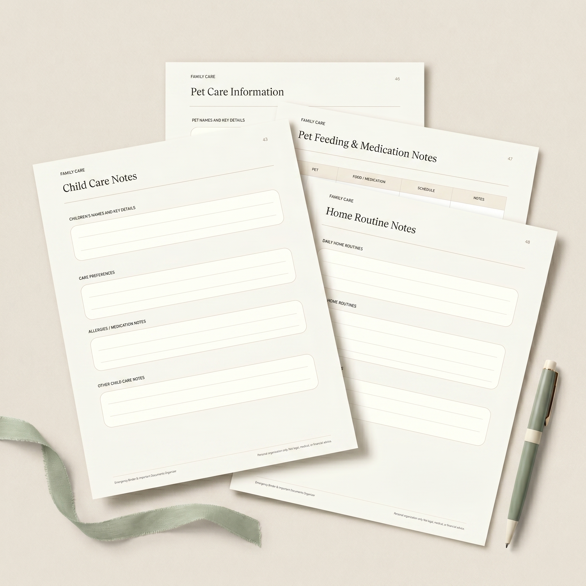 Family Care pages including Child Care Notes, Pet Care Information, Pet Feeding & Medication Notes, and Home Routine Notes