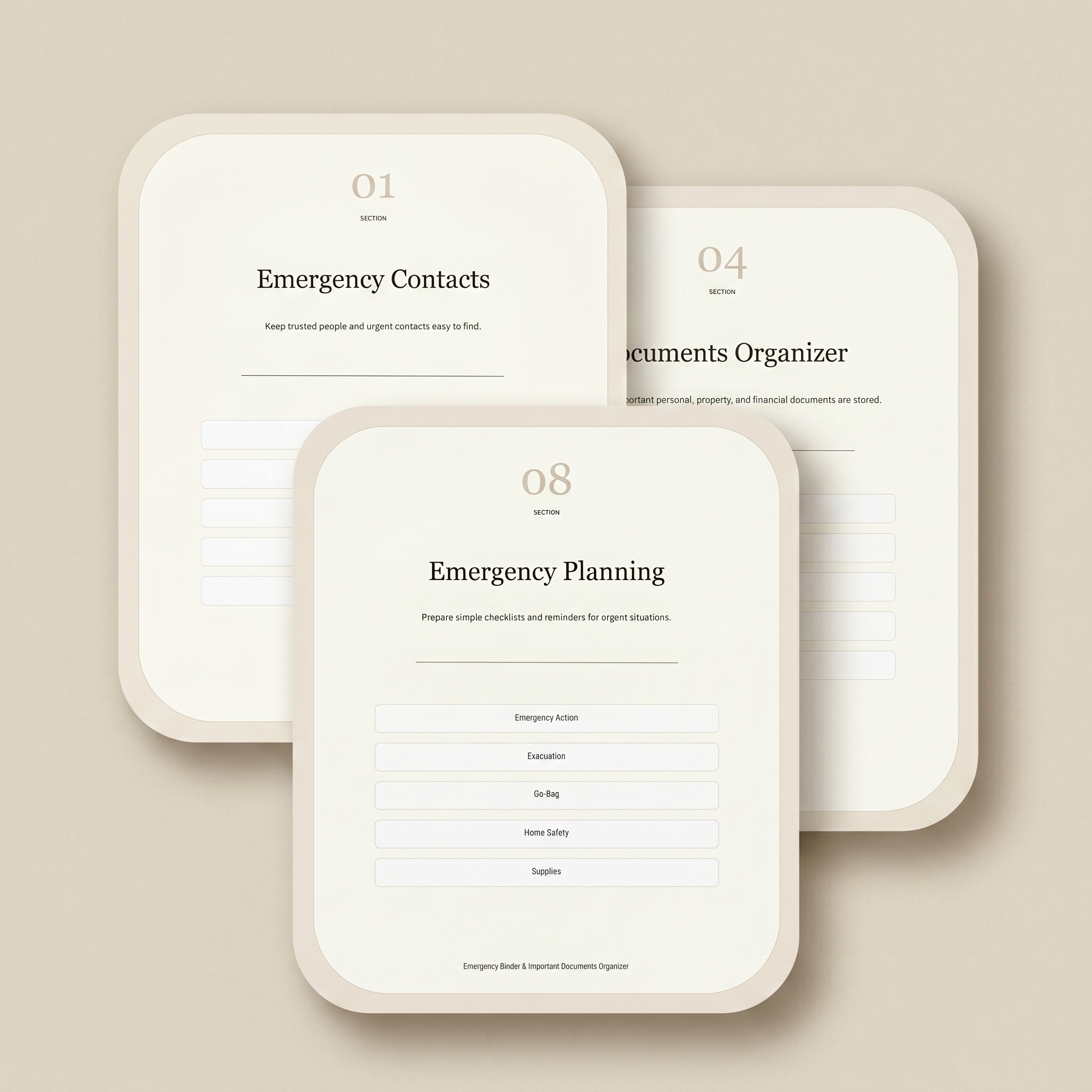 Emergency Binder sections - Emergency Contacts, Documents Organizer, Emergency Planning